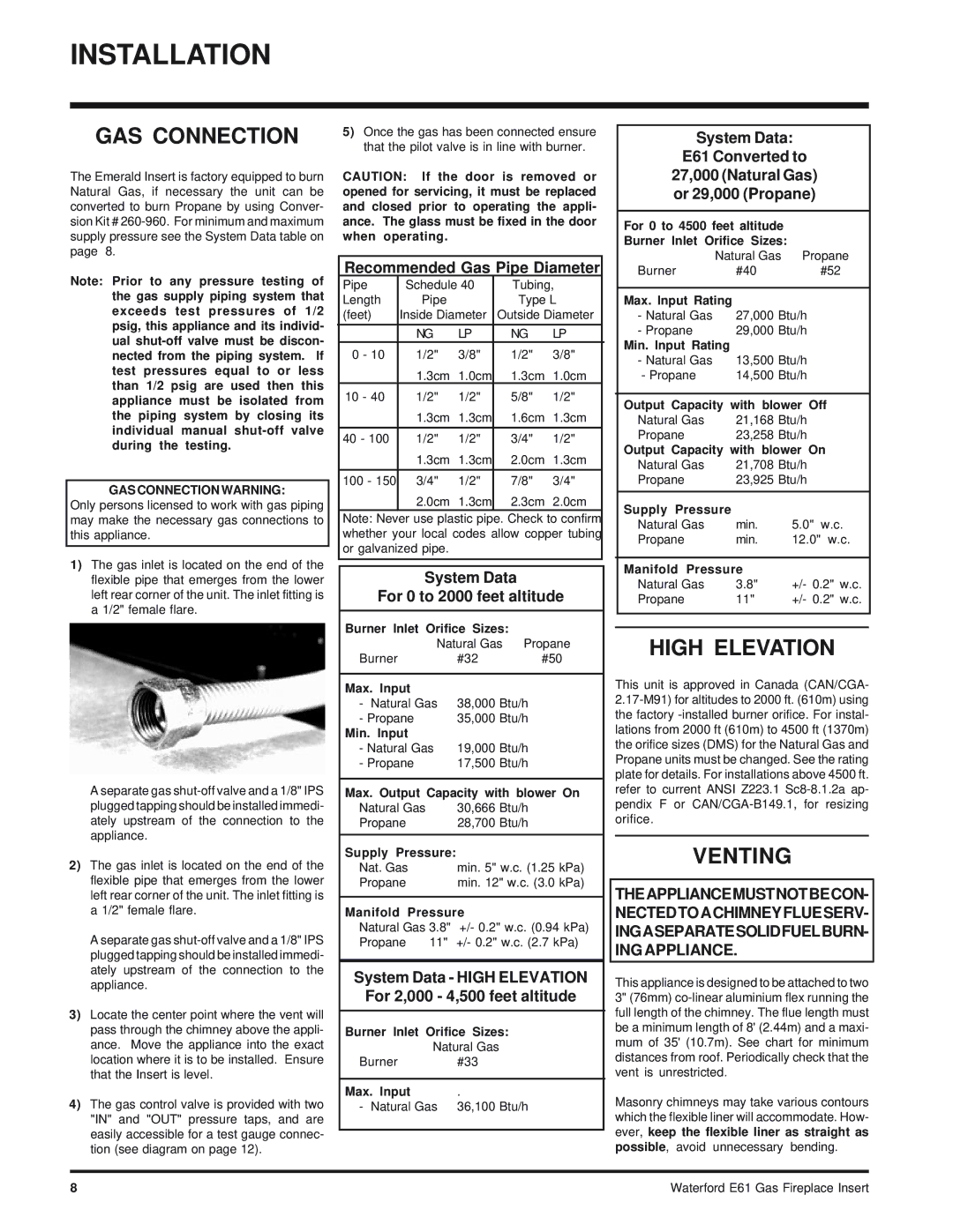 Waterford Appliances E61-NG, E61-LP installation manual GAS Connection, High Elevation, Venting 