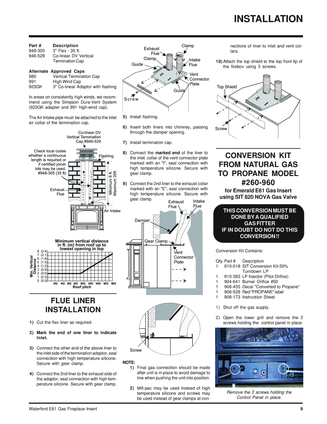 Waterford Appliances E61-LP, E61-NG Conversion KIT From Natural GAS to Propane Model #260-960, Flue Liner Installation 