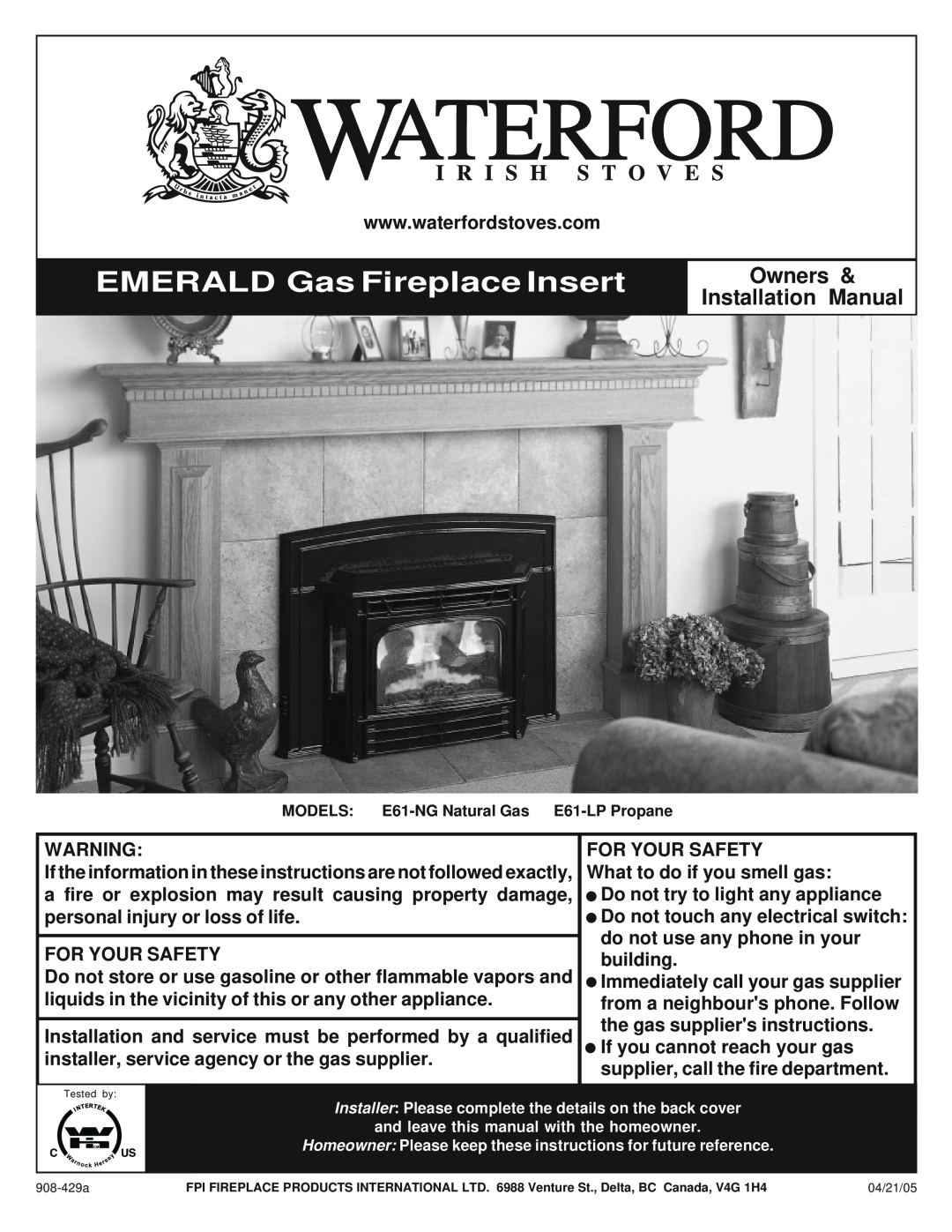 Waterford Appliances E61-LP, E61-NG installation manual Owners, Installation Manual, EMERALD Gas Fireplace Insert 