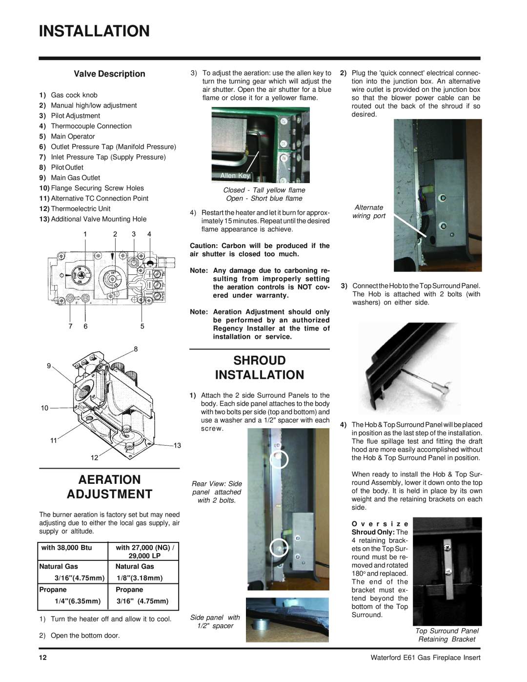 Waterford Appliances E61-NG Aeration Adjustment, Shroud Installation, Valve Description, Allen Key, Alternate wiring port 