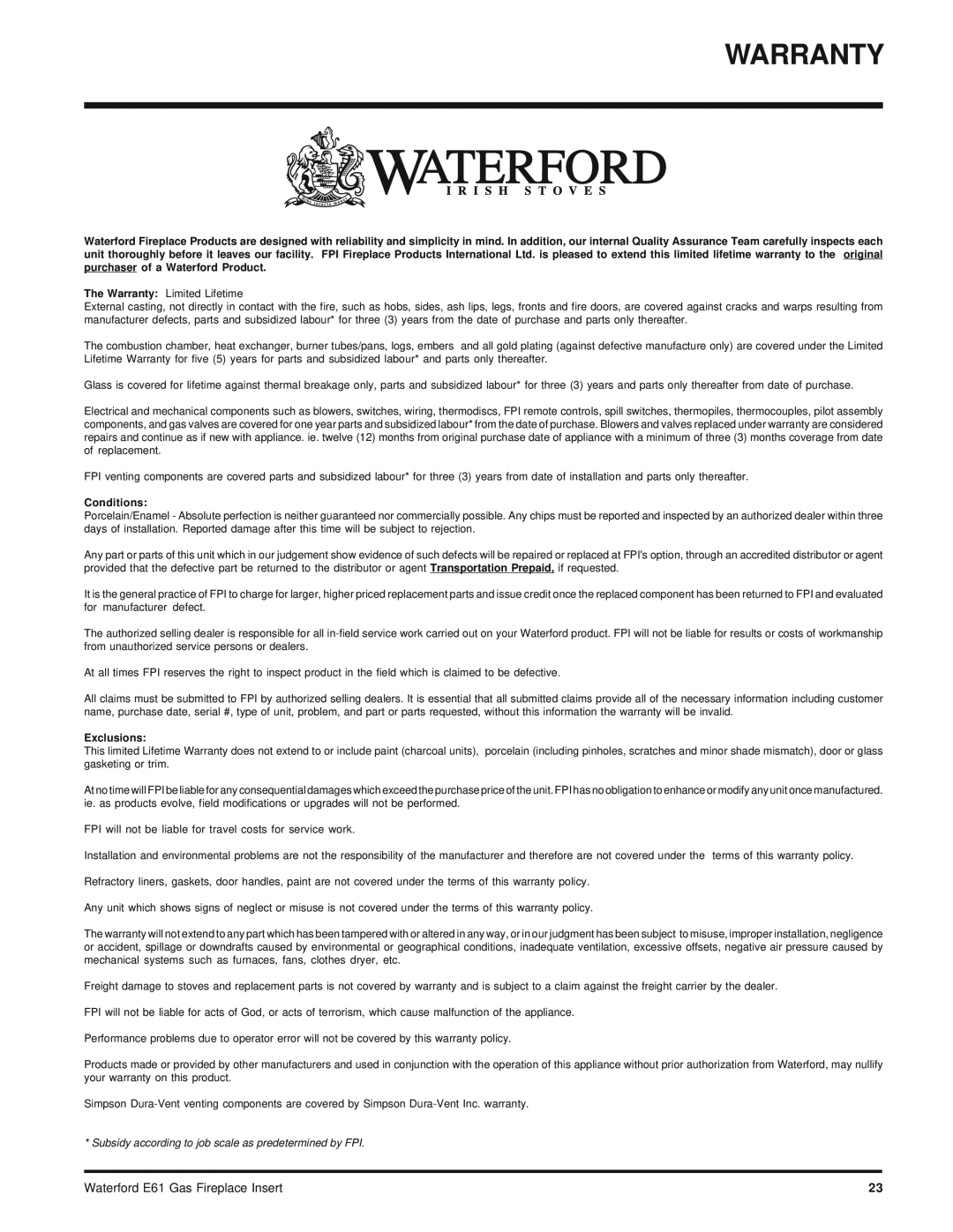 Waterford Appliances E61-LP, E61-NG installation manual Warranty, Conditions, Exclusions 