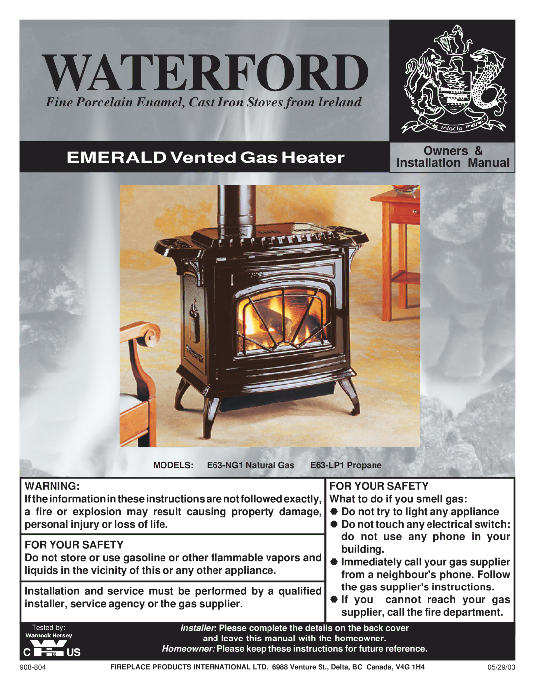 Waterford Appliances installation manual Models E63-NG1 Natural Gas E63-LP1 Propane, 908-804 05/29/03 