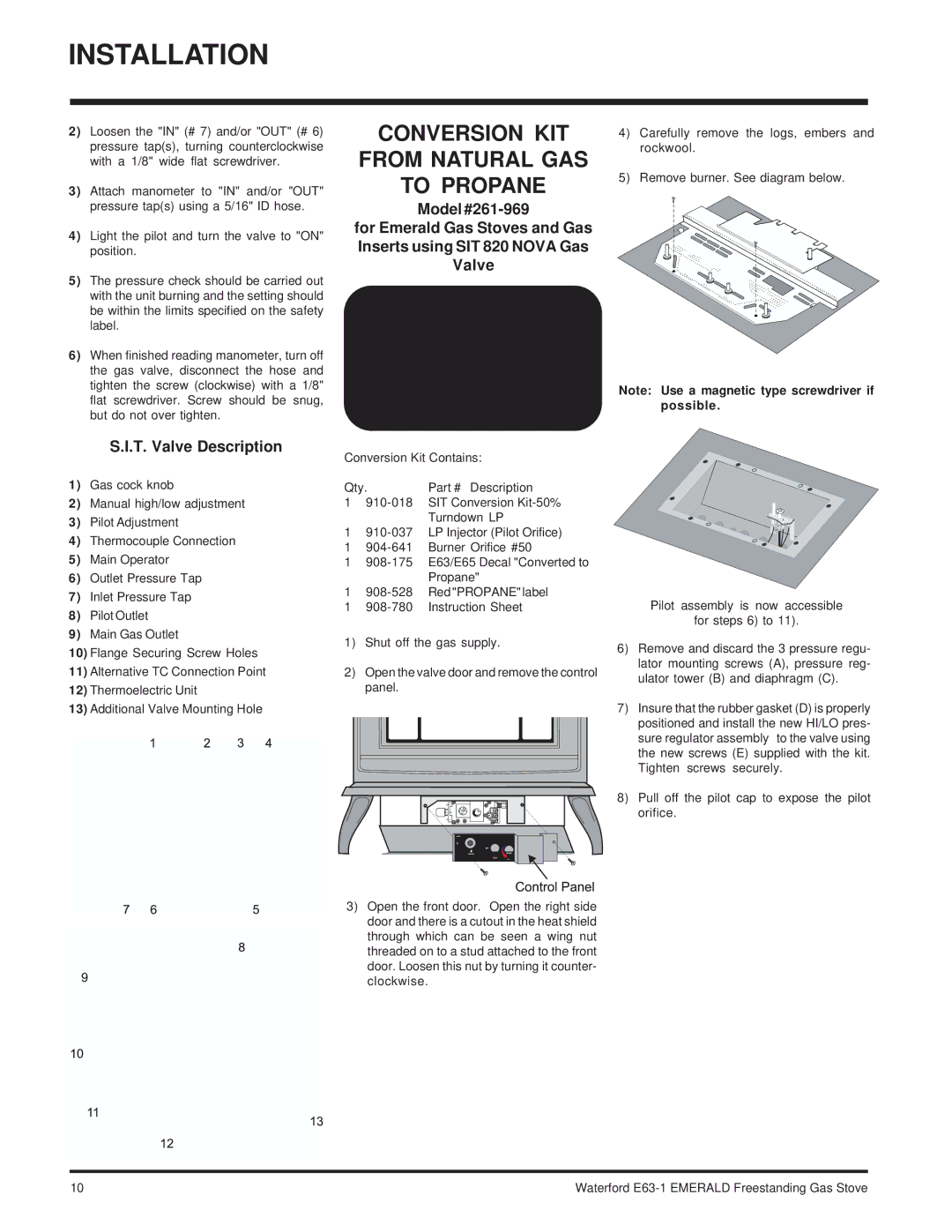 Waterford Appliances E63-NG1 installation manual Conversion KIT From Natural GAS To Propane, T. Valve Description 