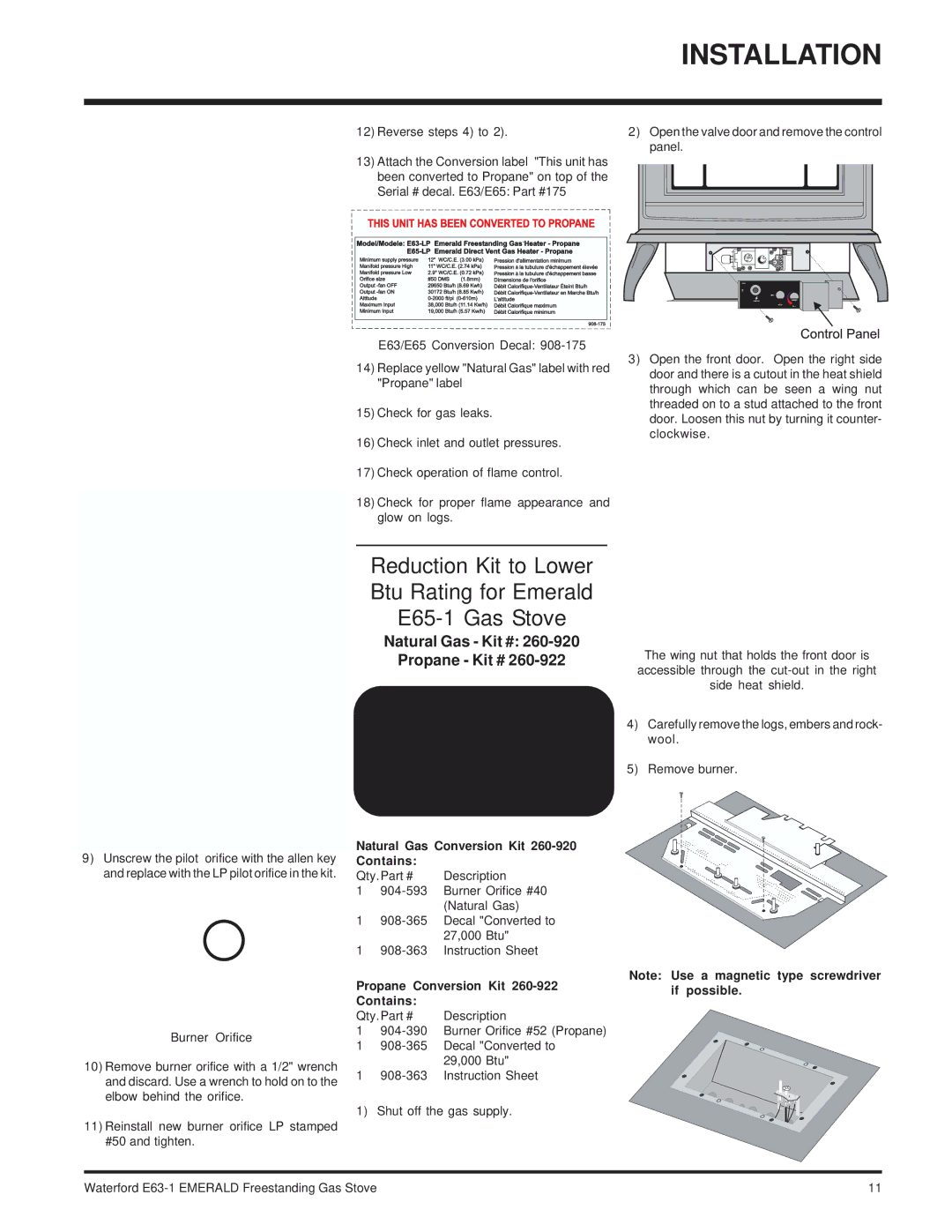 Waterford Appliances E63-NG1 installation manual Natural Gas Kit # Propane Kit #, Burner Orifice, E63/E65 Conversion Decal 