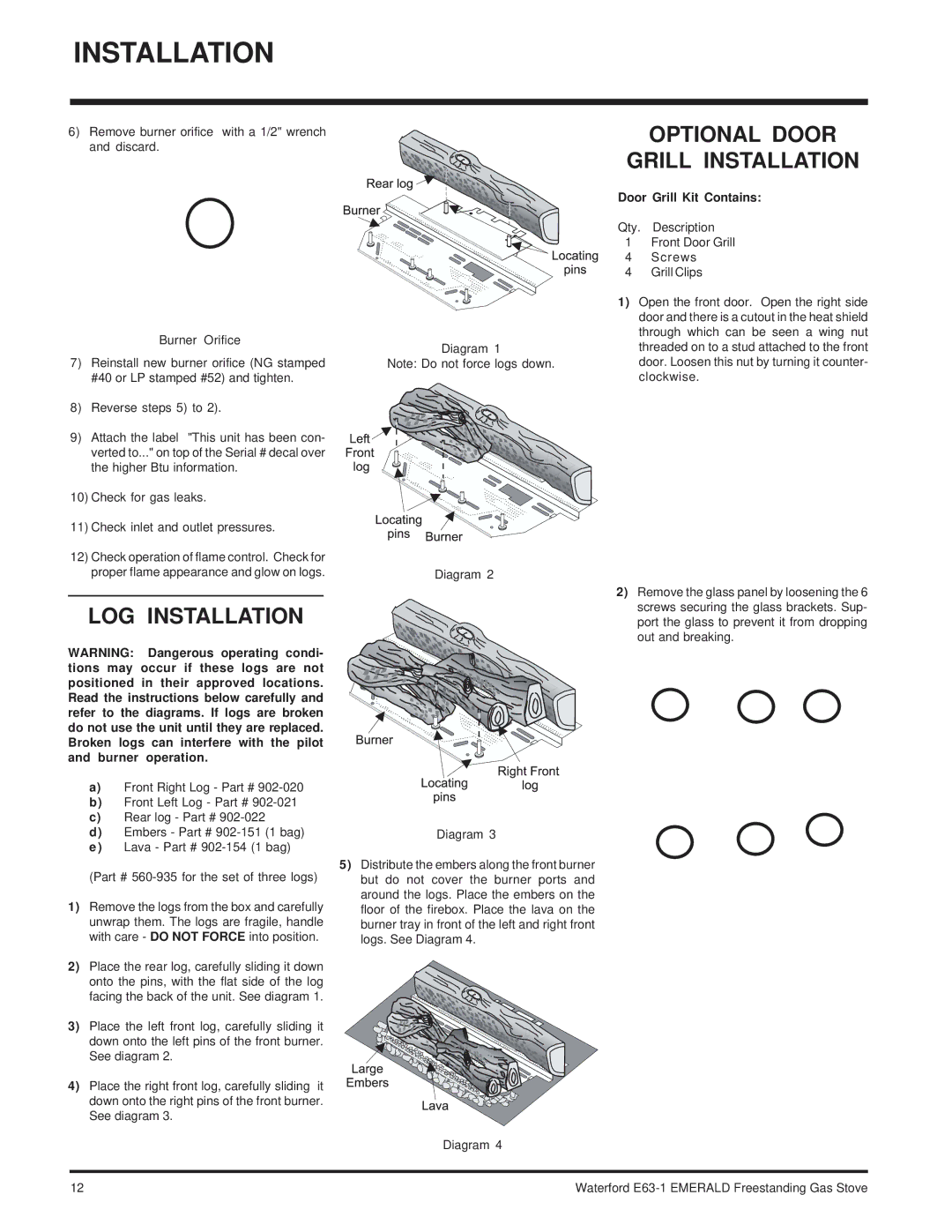 Waterford Appliances E63-NG1 Optional Door Grill Installation, LOG Installation, Door Grill Kit Contains, Diagram 