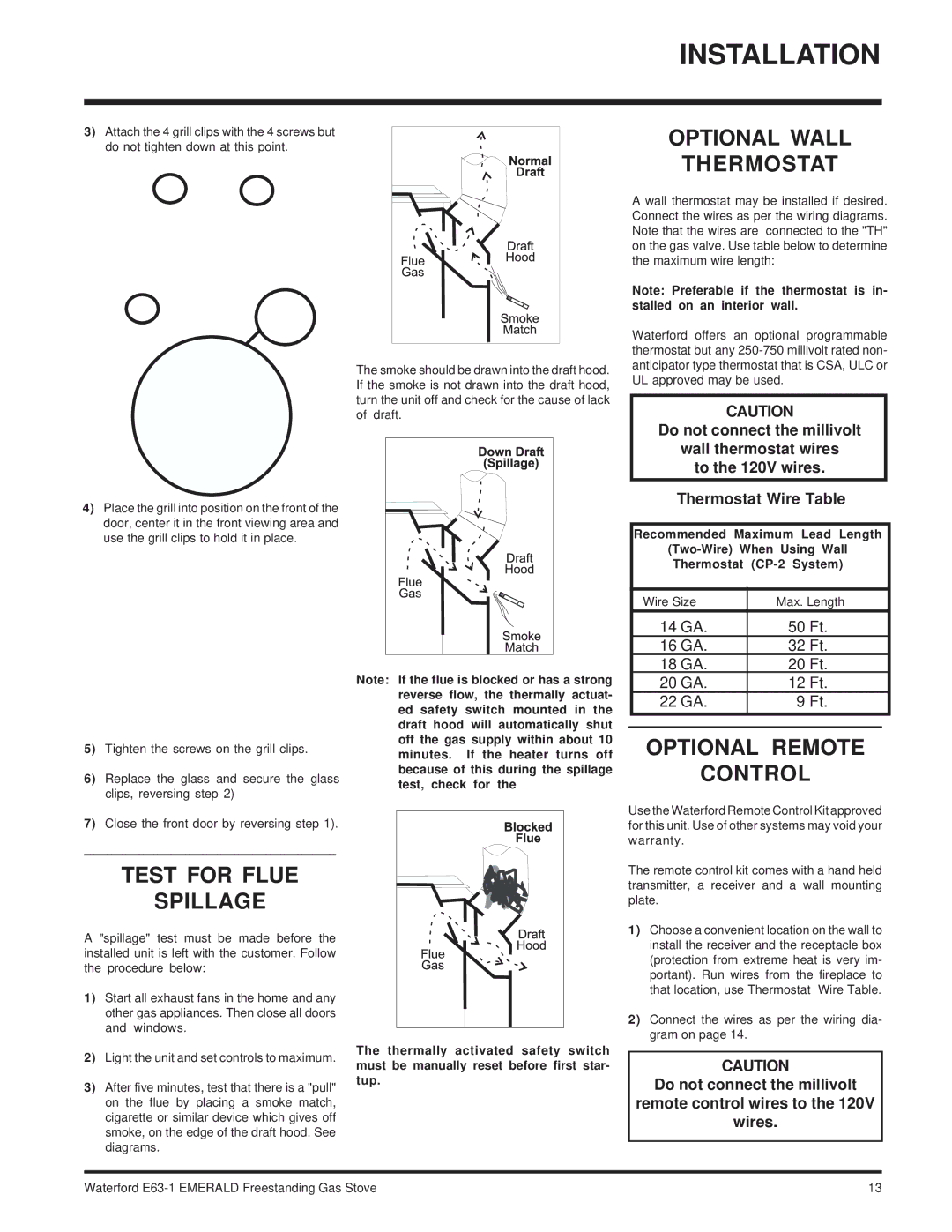 Waterford Appliances E63-NG1 installation manual Optional Wall Thermostat, Test for Flue Spillage, Optional Remote Control 