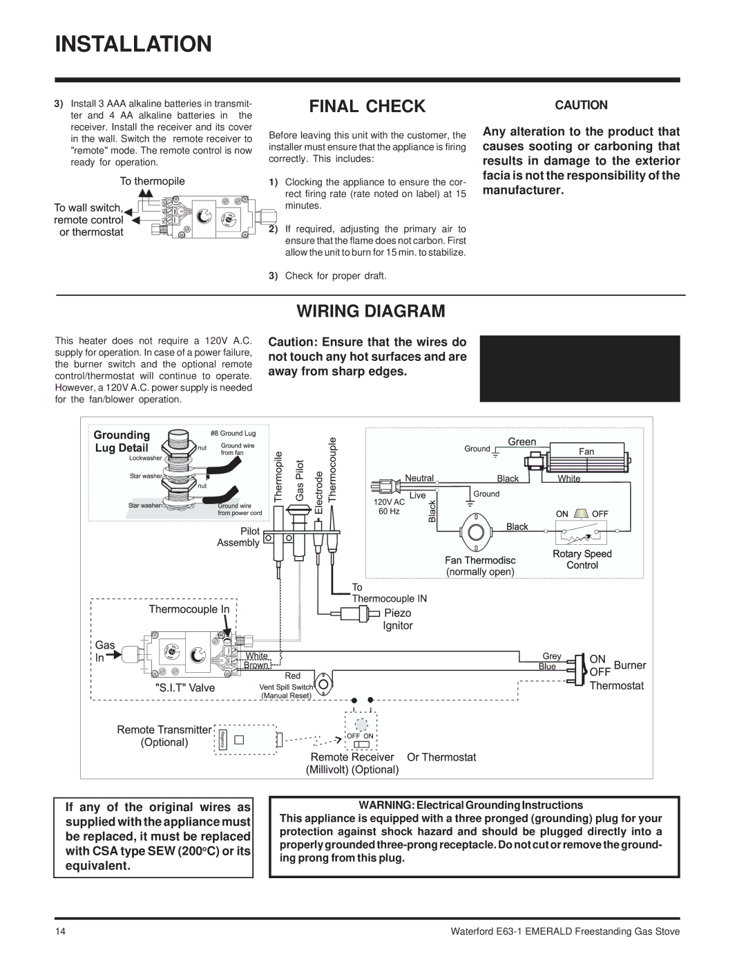 Waterford Appliances E63-NG1 installation manual Final Check, Wiring Diagram 