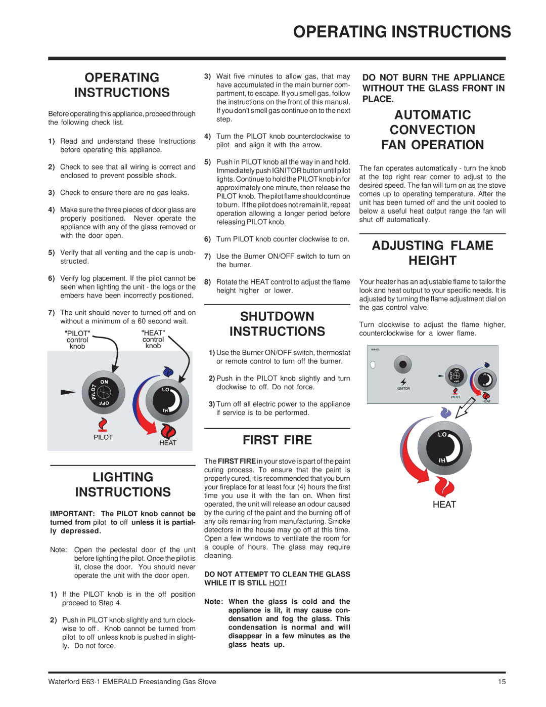 Waterford Appliances E63-NG1 installation manual Operating Instructions 