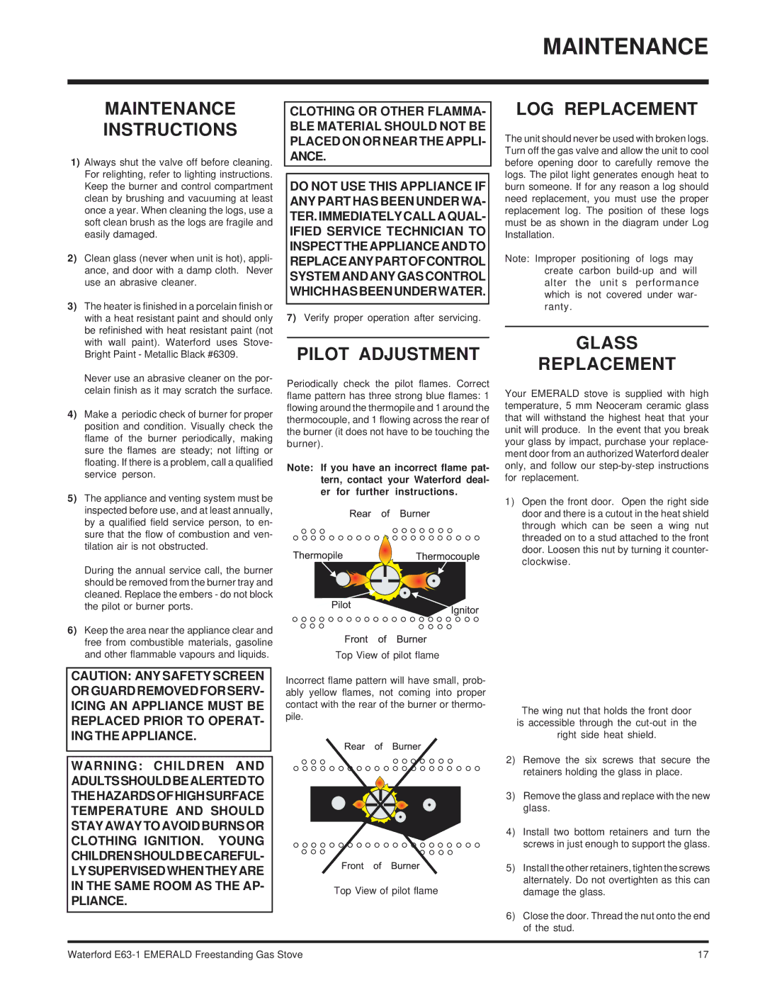 Waterford Appliances E63-NG1 Maintenance Instructions, Pilot Adjustment, LOG Replacement, Glass Replacement 