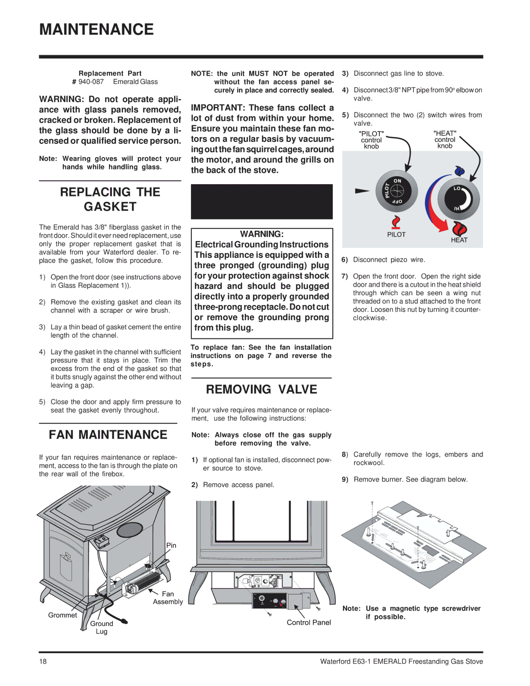 Waterford Appliances E63-NG1 installation manual Replacing Gasket, FAN Maintenance, Removing Valve 