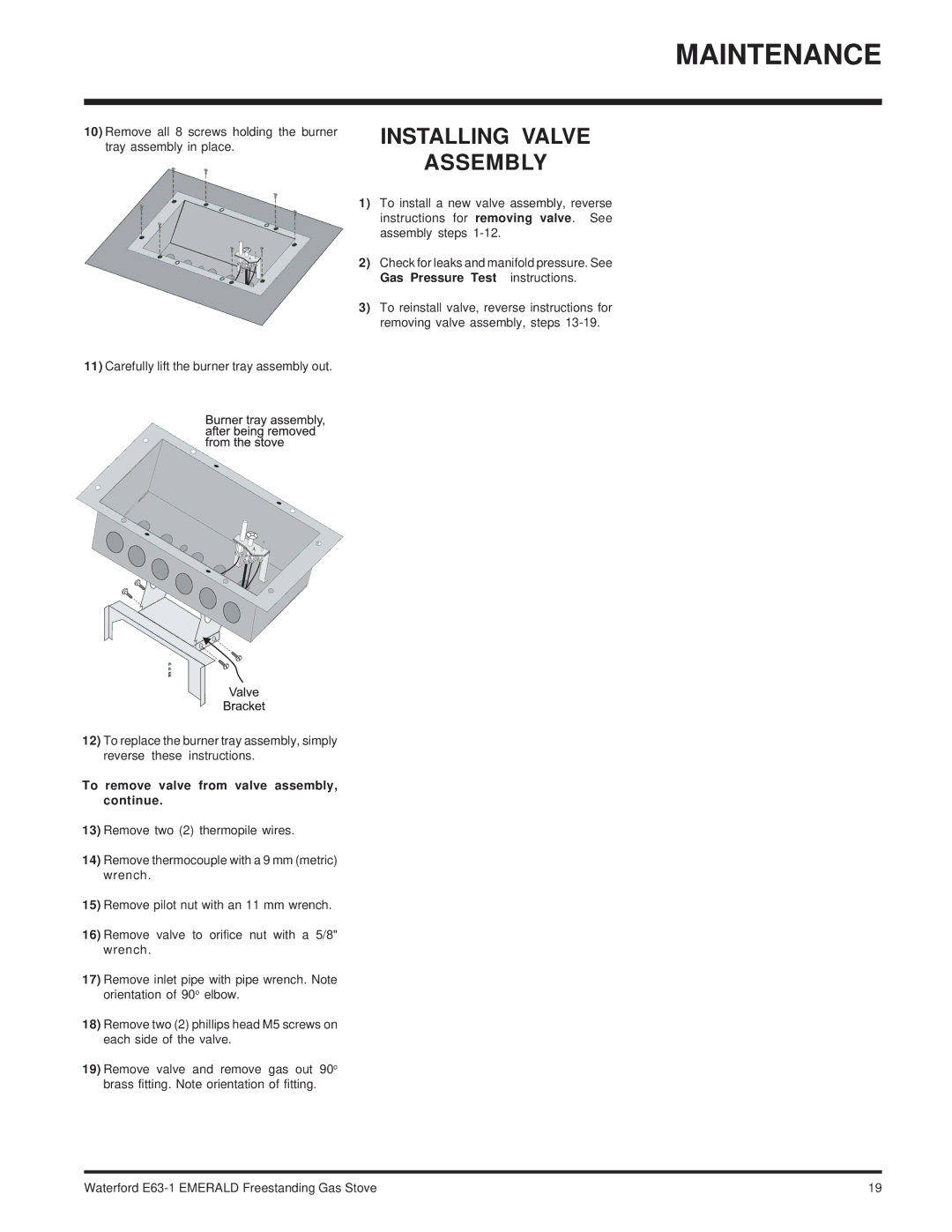 Waterford Appliances E63-NG1 installation manual Installing Valve Assembly, To remove valve from valve assembly, continue 