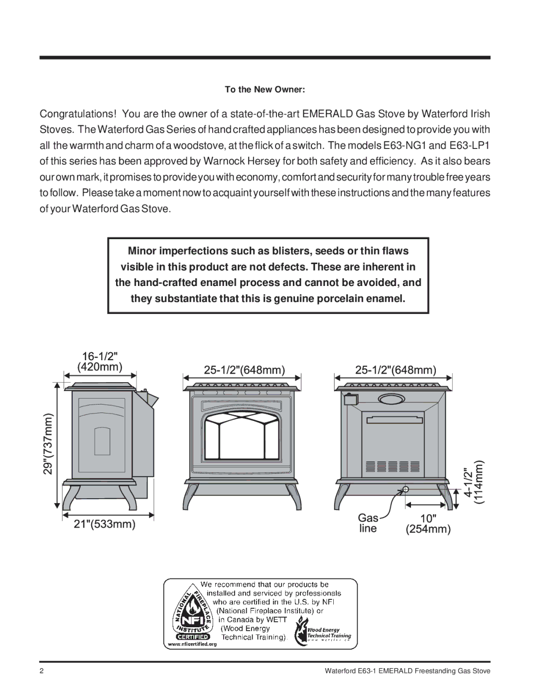 Waterford Appliances E63-NG1 installation manual To the New Owner 