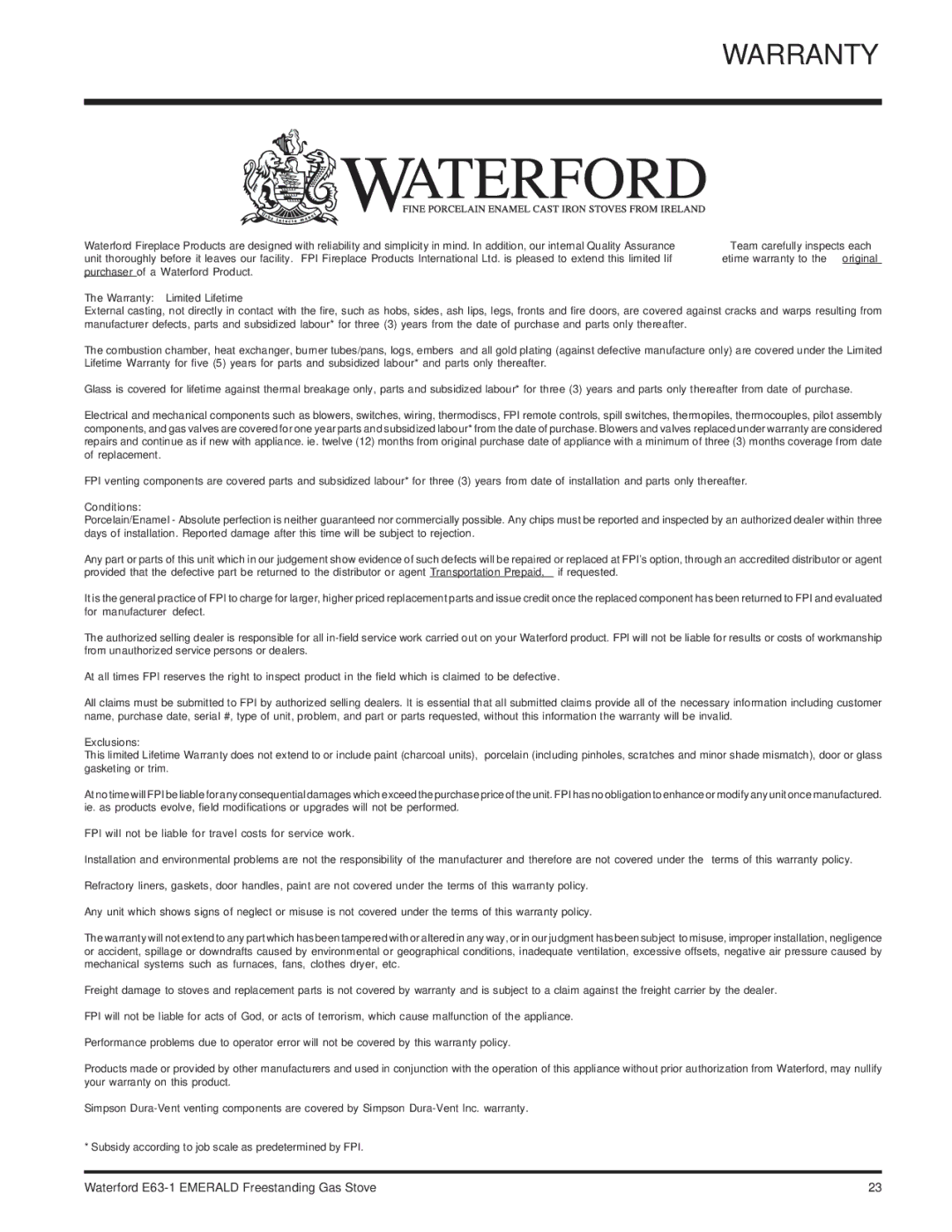 Waterford Appliances E63-NG1 installation manual Warranty, Conditions 