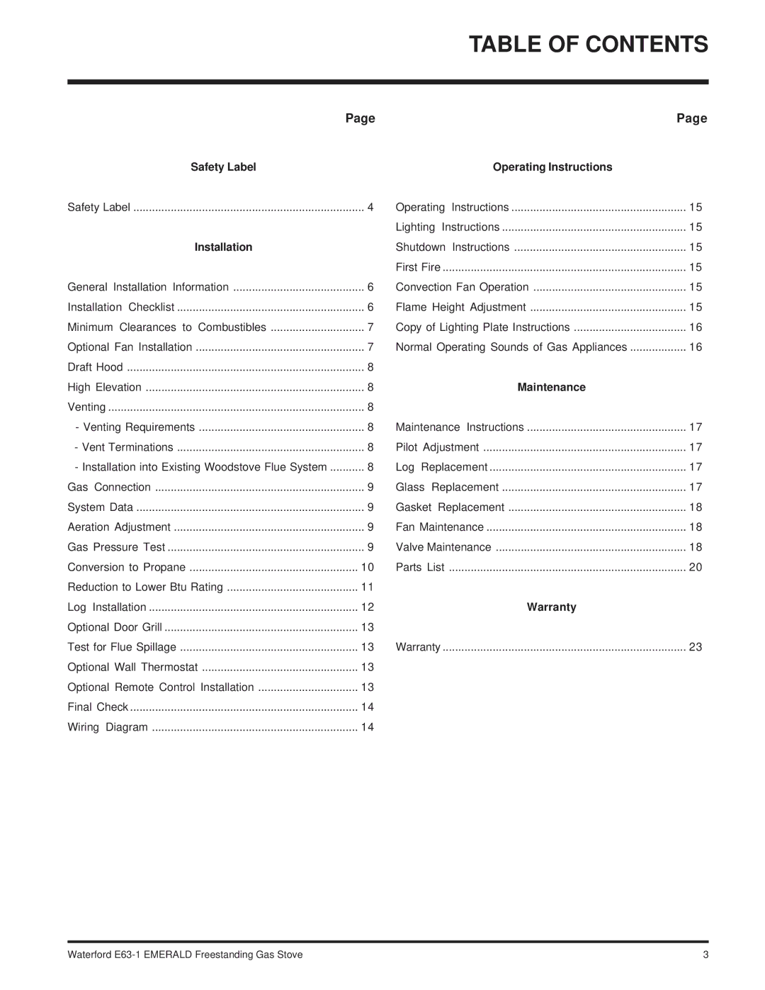 Waterford Appliances E63-NG1 installation manual Table of Contents 