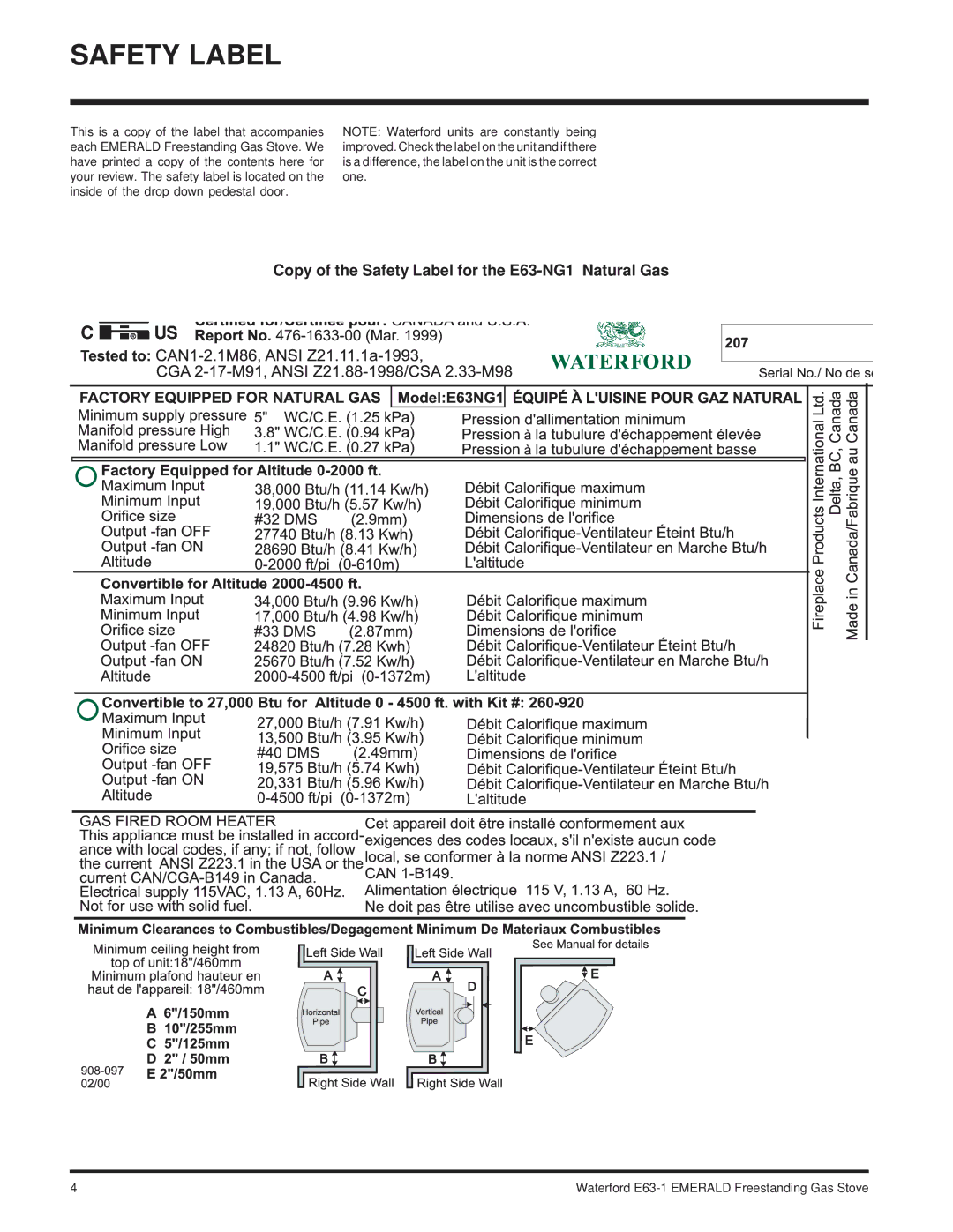 Waterford Appliances installation manual Copy of the Safety Label for the E63-NG1 Natural Gas 