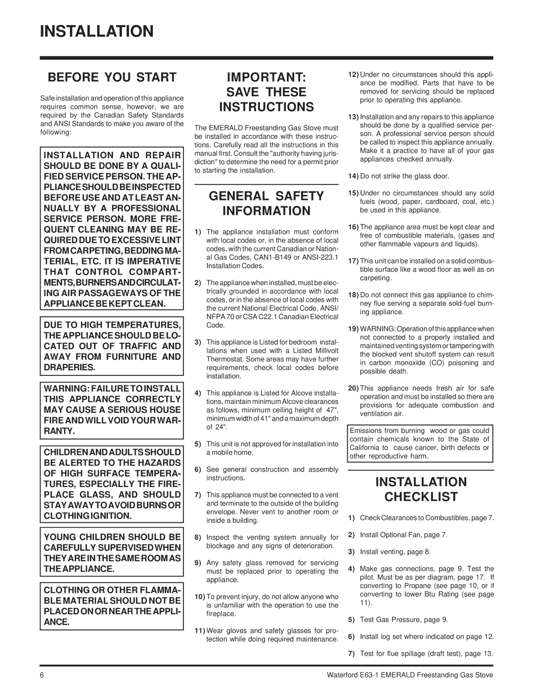 Waterford Appliances E63-NG1 Installation, Before YOU Start, Save These Instructions, General Safety Information 