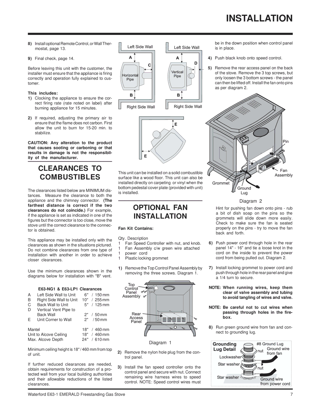 Waterford Appliances installation manual Clearances to Combustibles, This includes, E63-NG1 & E63-LP1 Clearances 