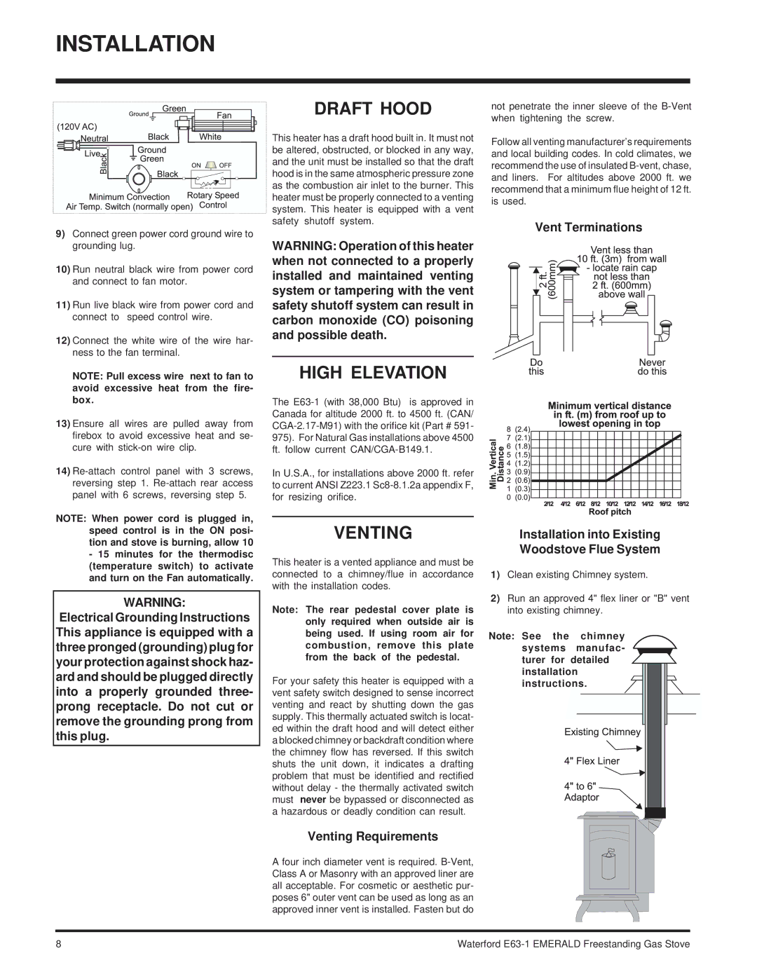 Waterford Appliances E63-NG1 installation manual Draft Hood, High Elevation, Venting 