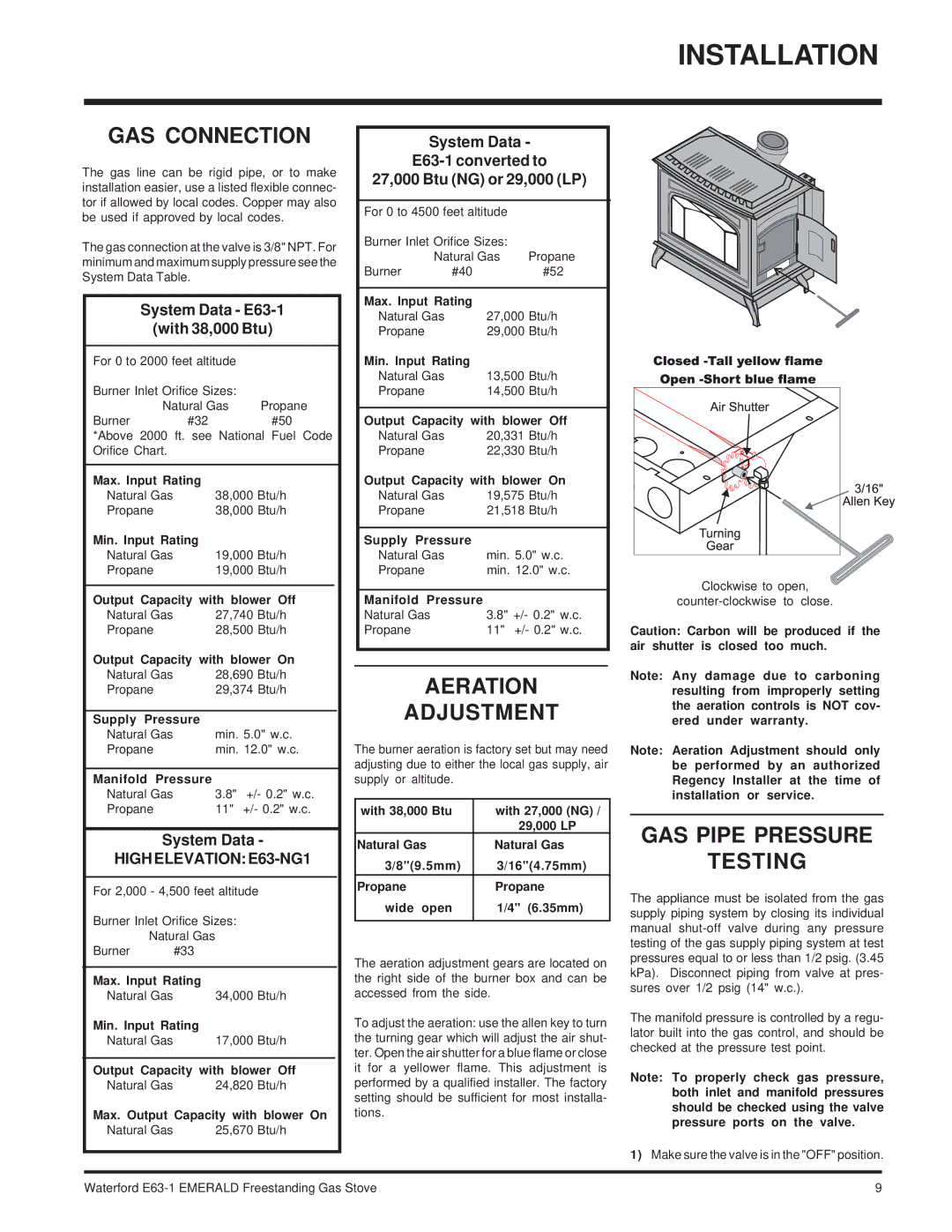 Waterford Appliances E63-NG1 installation manual GAS Connection, Aeration Adjustment, GAS Pipe Pressure Testing 