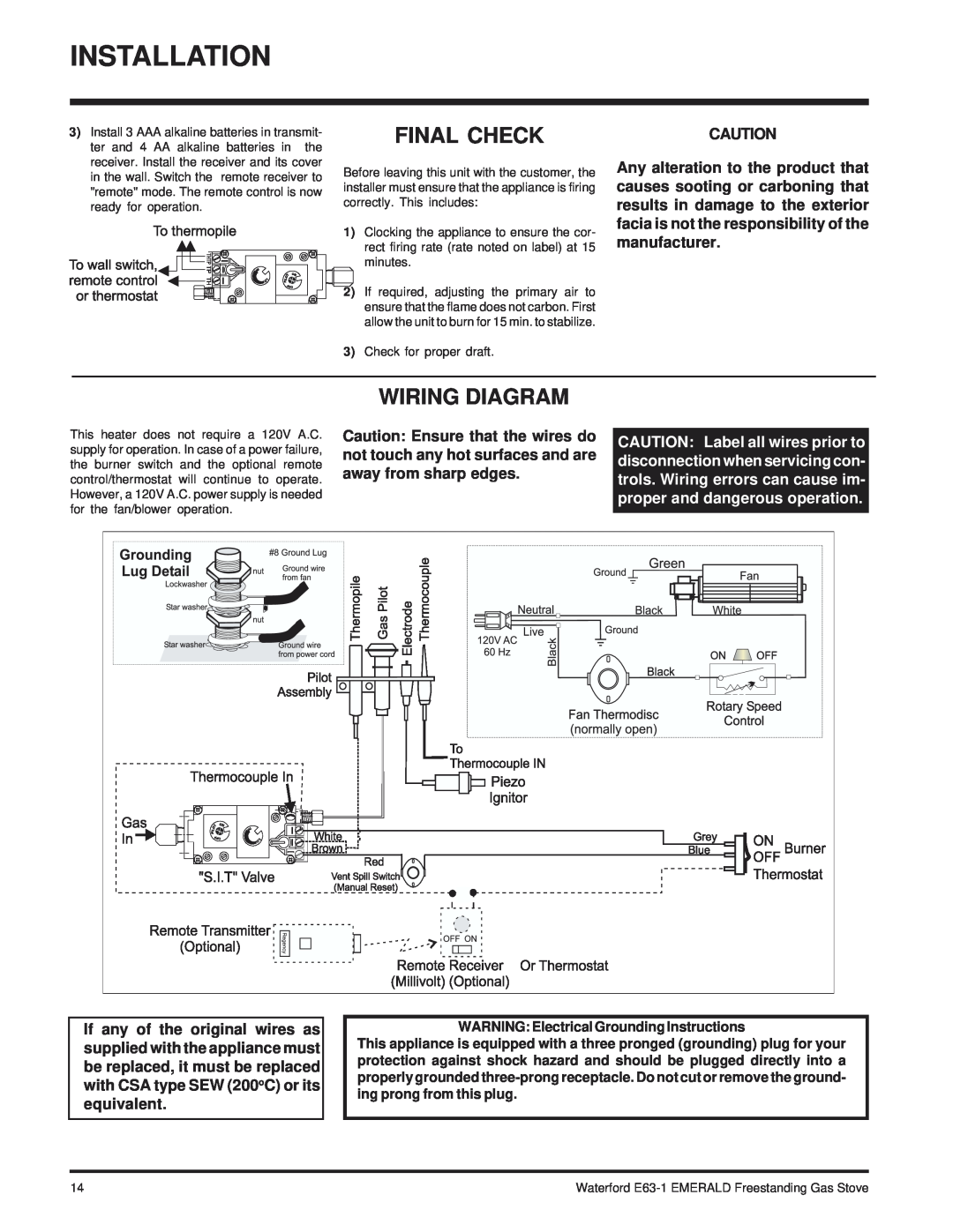Waterford Appliances E63-NG1 installation manual Final Check, Wiring Diagram, WARNING Electrical Grounding Instructions 