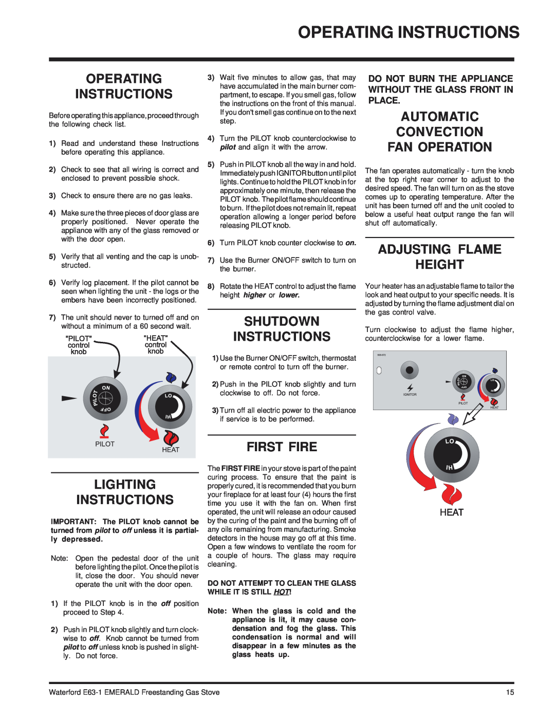 Waterford Appliances E63-NG1 Operating Instructions, Shutdown Instructions, Automatic Convection Fan Operation, First Fire 