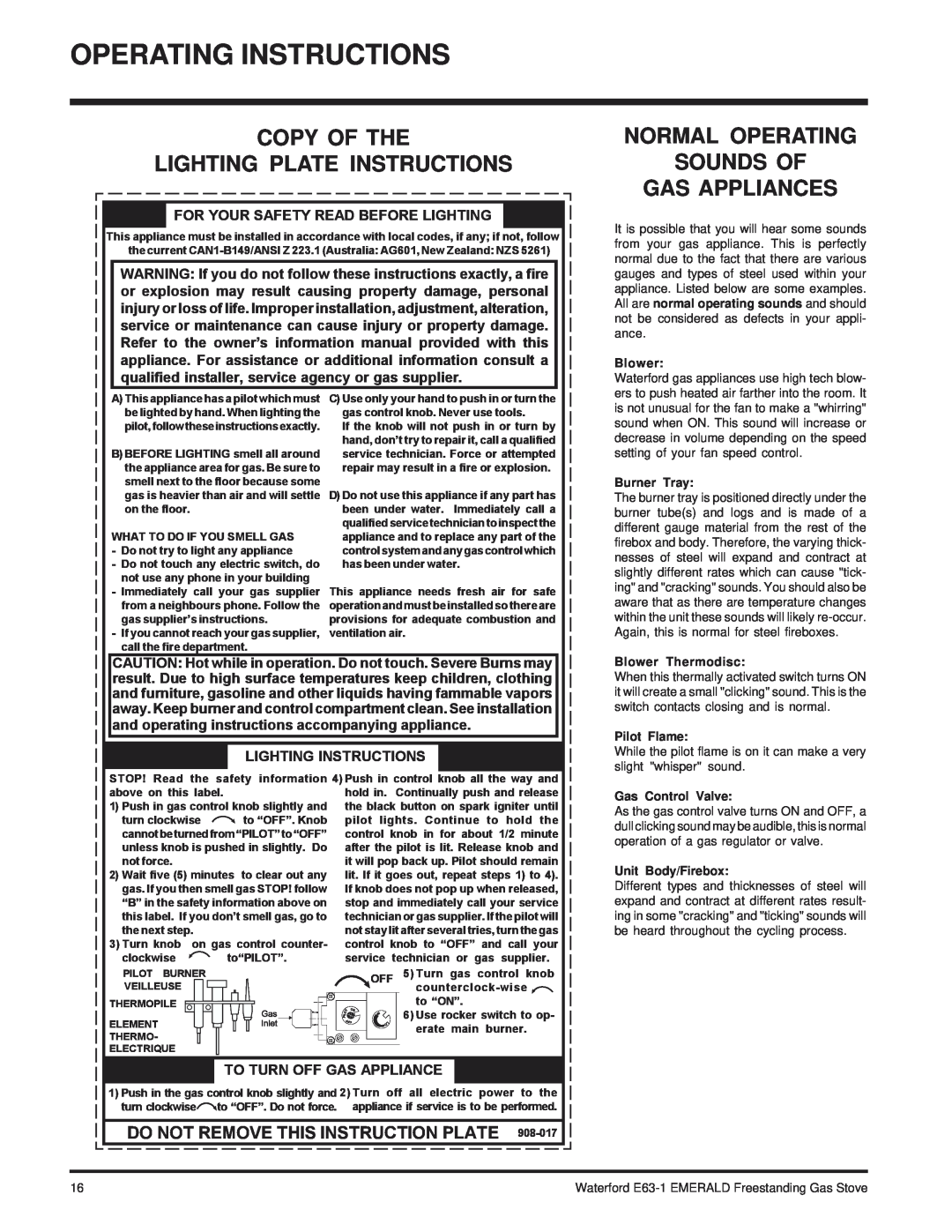 Waterford Appliances E63-NG1 Copy Of The Lighting Plate Instructions, Normal Operating Sounds Of Gas Appliances, Blower 