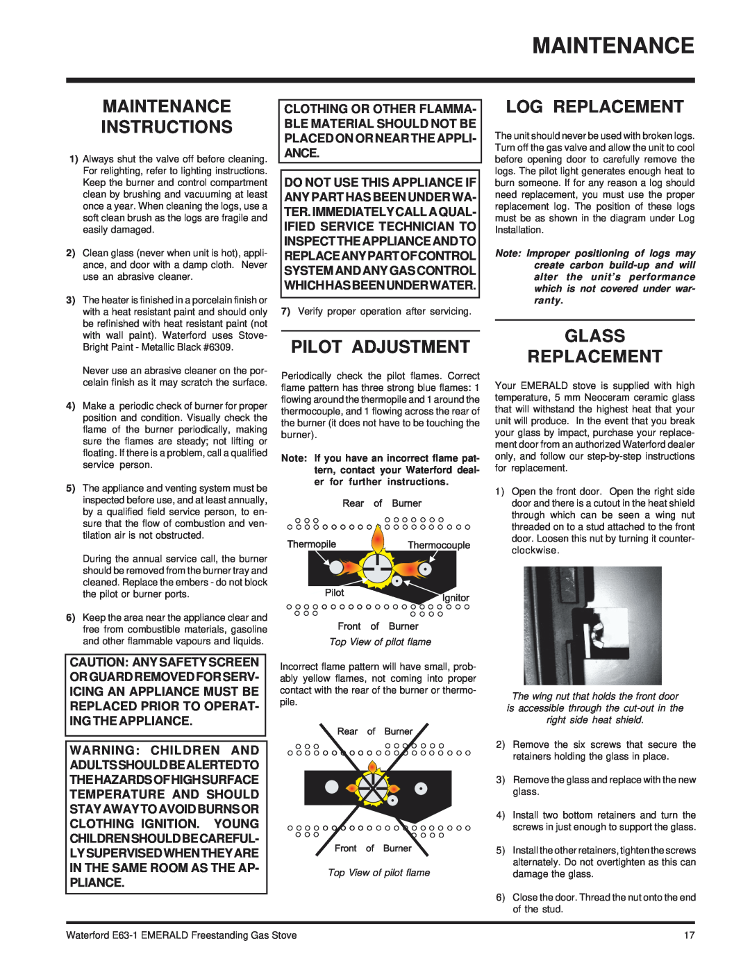 Waterford Appliances E63-NG1 Maintenance Instructions, Pilot Adjustment, Log Replacement, Glass Replacement 