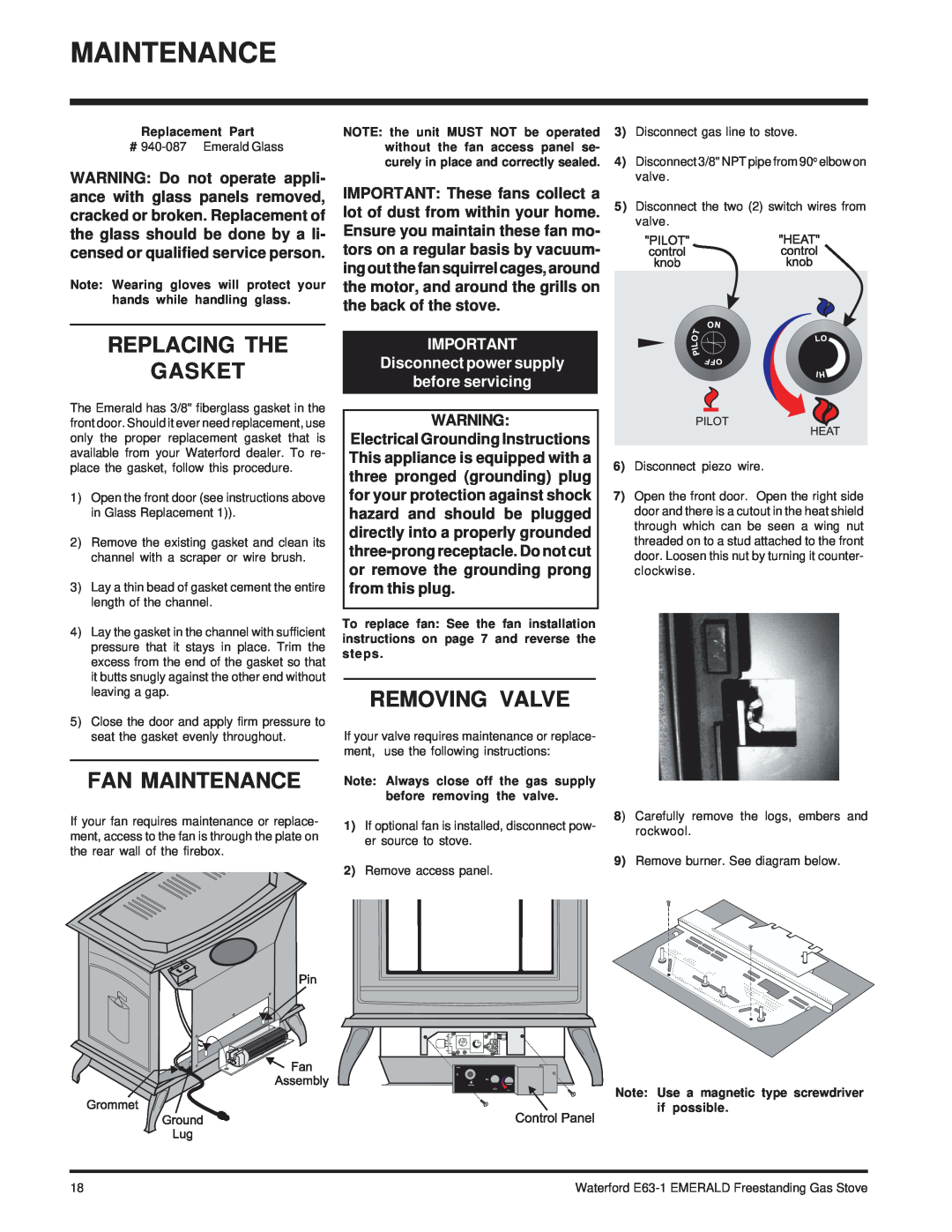 Waterford Appliances E63-NG1 Replacing The Gasket, Fan Maintenance, Removing Valve, WARNING Do not operate appli 