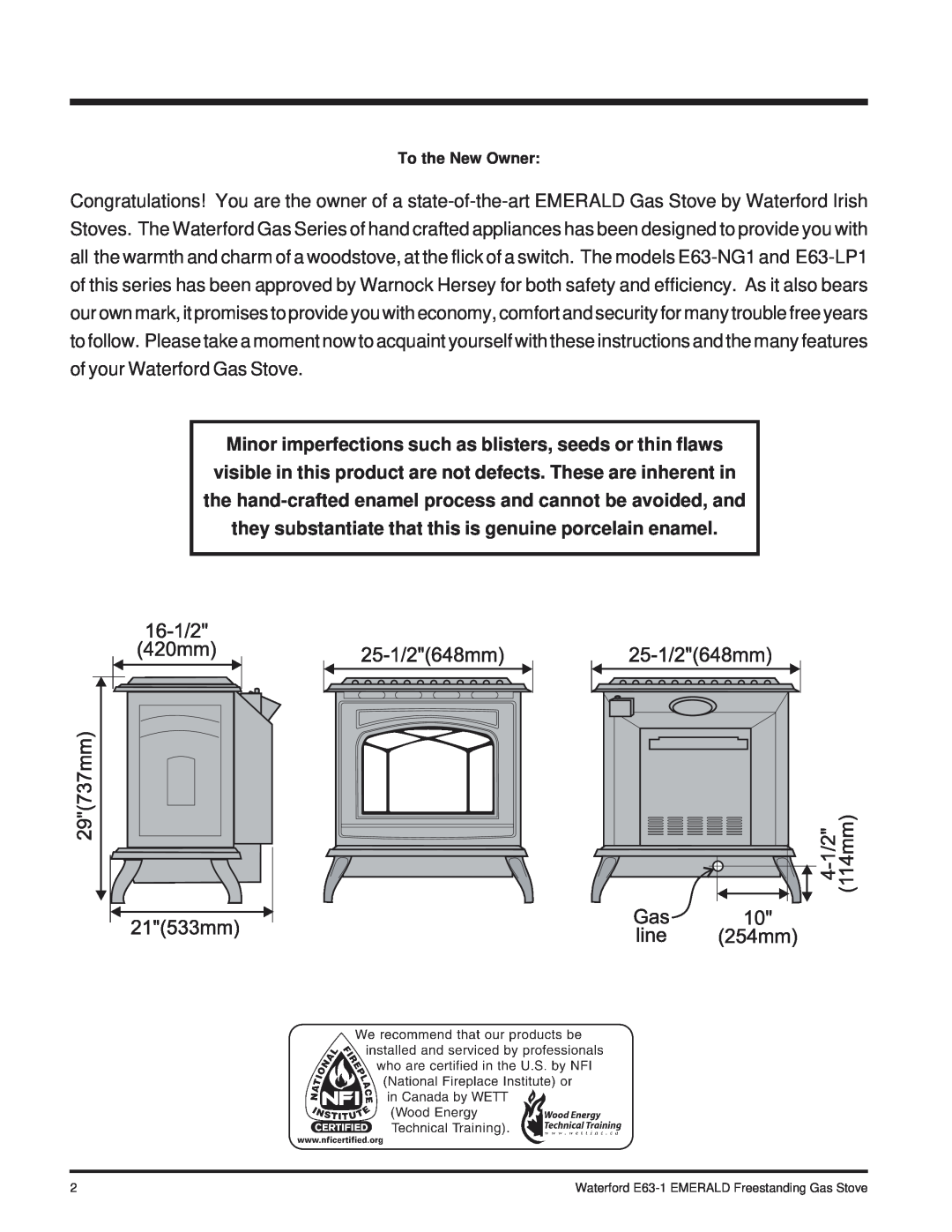 Waterford Appliances E63-NG1 installation manual To the New Owner, Waterford E63-1EMERALD Freestanding Gas Stove 