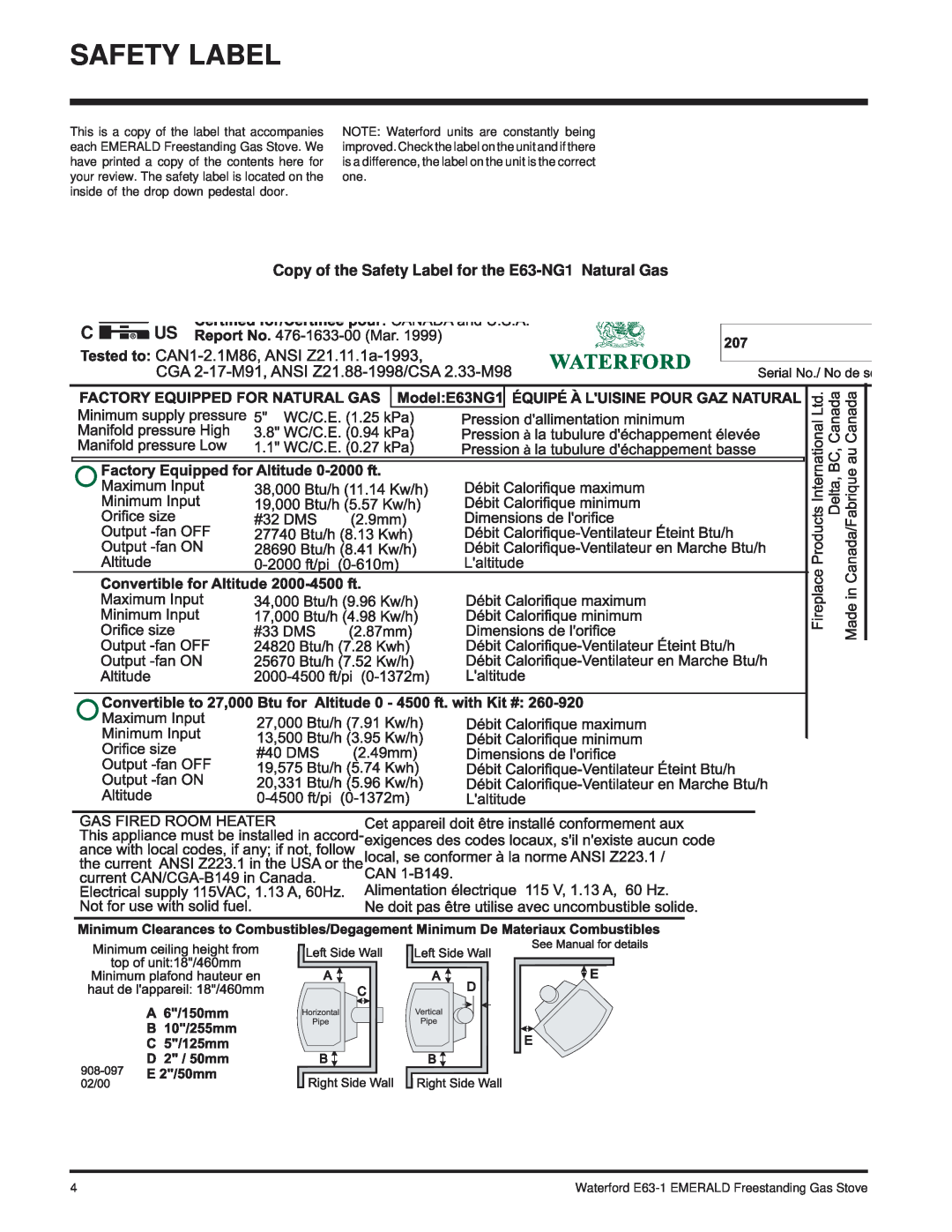 Waterford Appliances E63-NG1 installation manual Safety Label 
