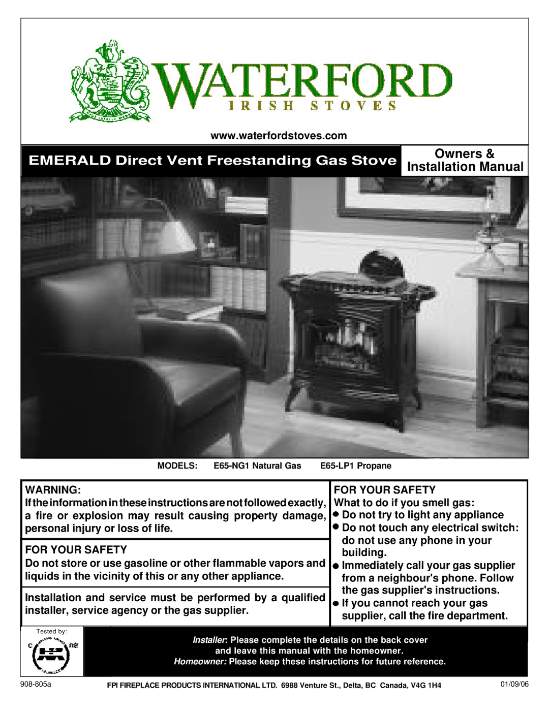 Waterford Appliances E65-LP1 installation manual Emerald Direct Vent Freestanding Gas Stove, Models E65-NG1 Natural Gas 