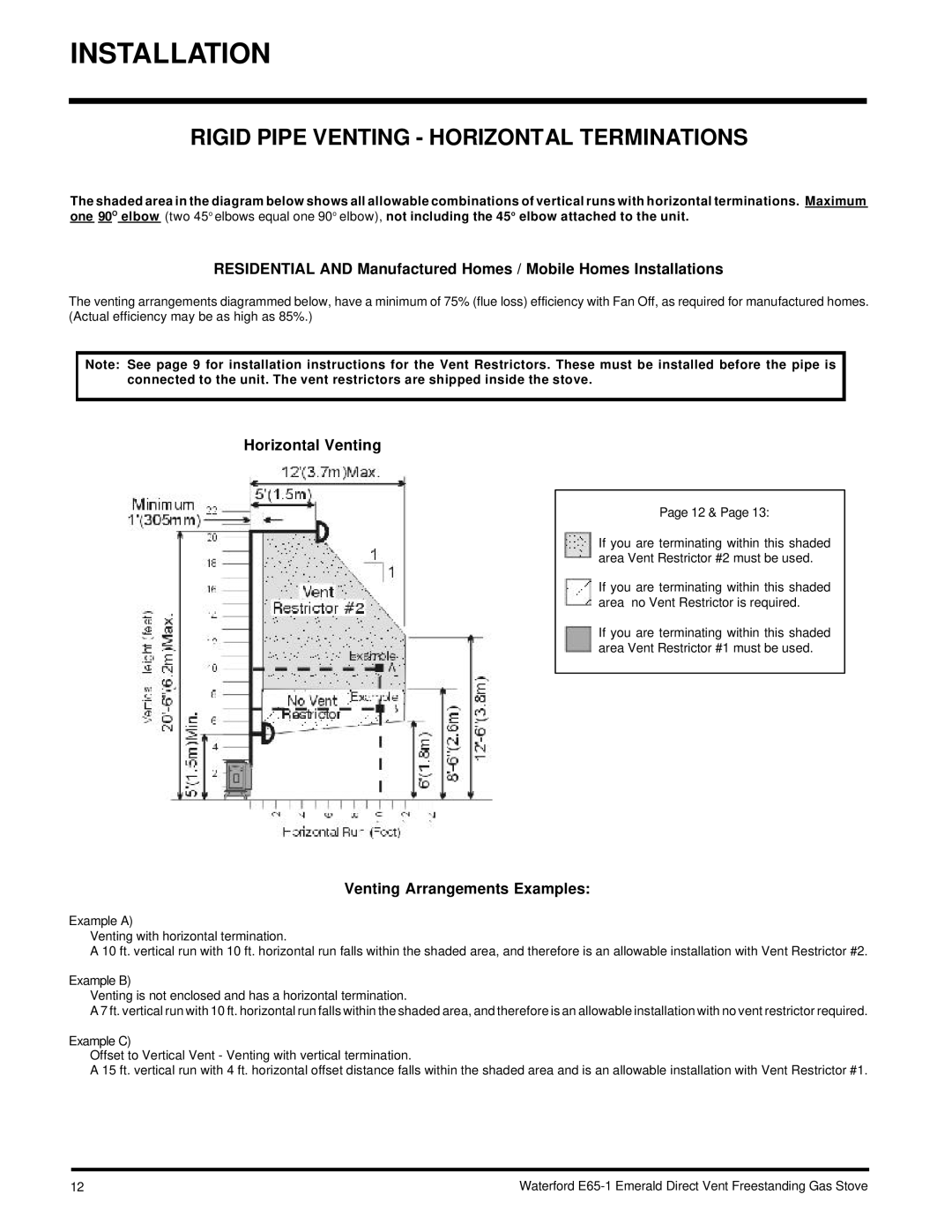 Waterford Appliances E65-NG1 Rigid Pipe Venting Horizontal Terminations, Horizontal Venting, Venting Arrangements Examples 