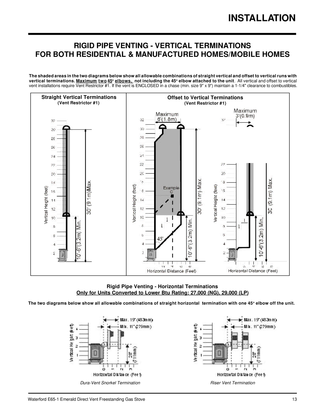 Waterford Appliances E65-LP1, E65-NG1 Straight Vertical Terminations, Offset to Vertical Terminations, Vent Restrictor #1 