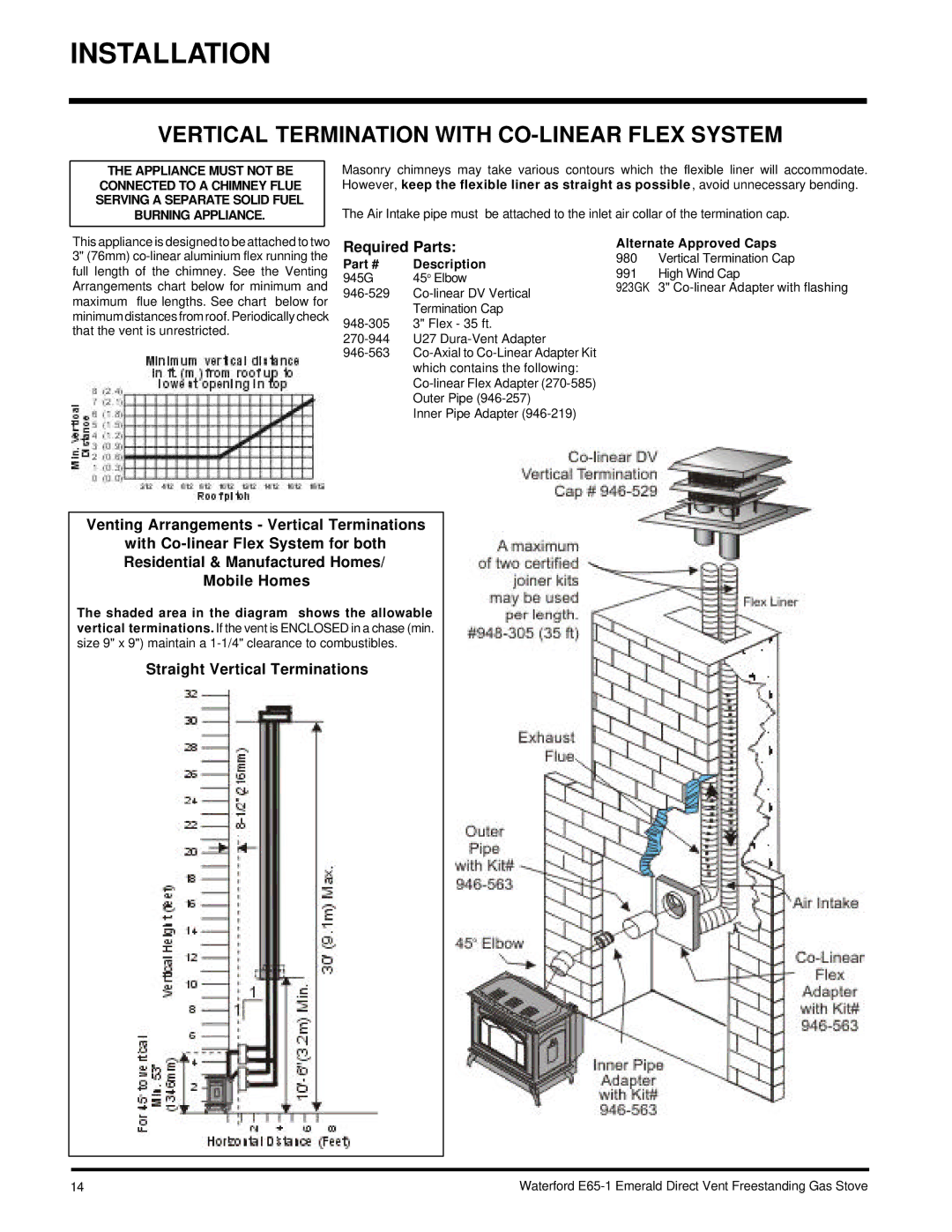 Waterford Appliances E65-NG1, E65-LP1 Vertical Termination with CO-LINEAR Flex System, Required Parts, Description 