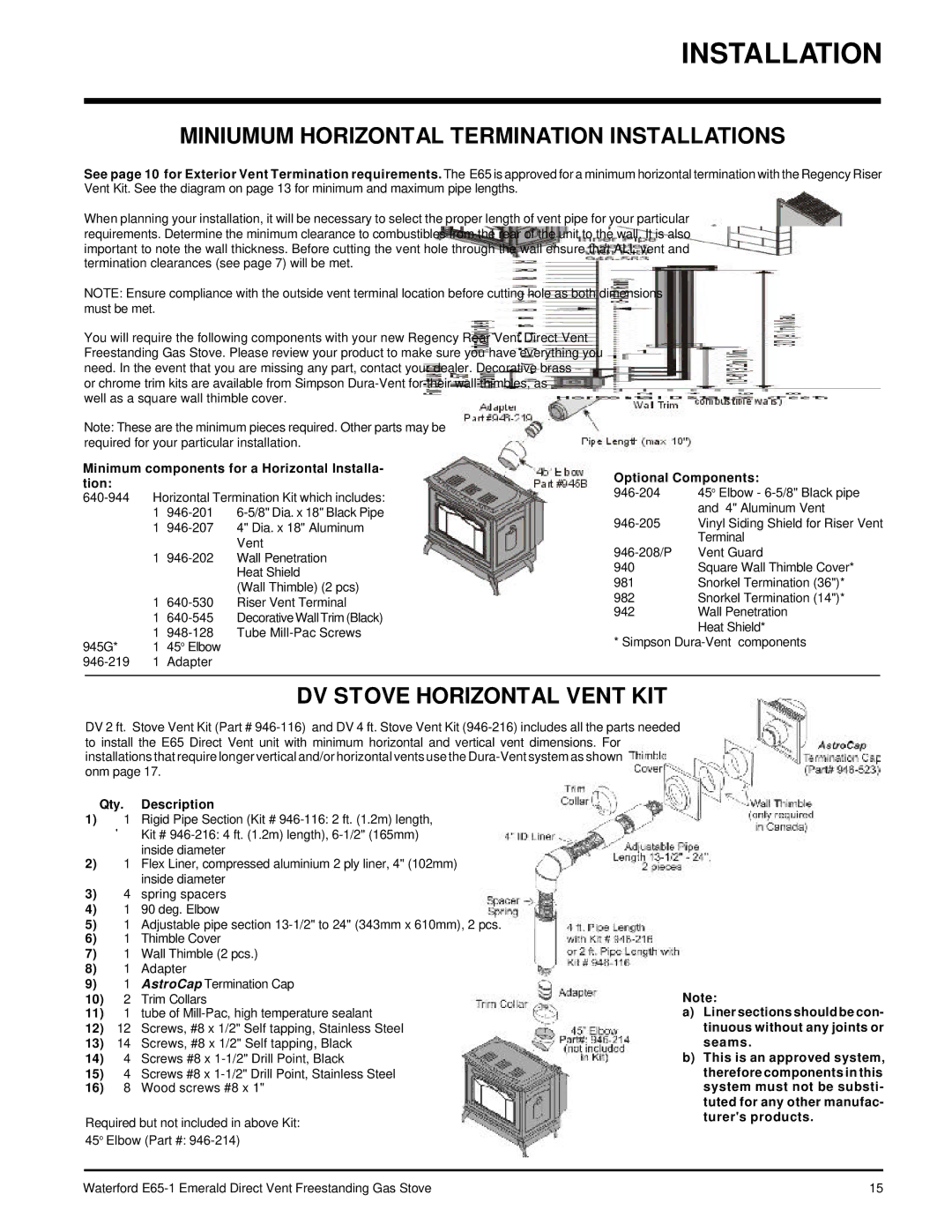 Waterford Appliances E65-LP1 Miniumum Horizontal Termination Installations, DV Stove Horizontal Vent KIT, Qty. Description 