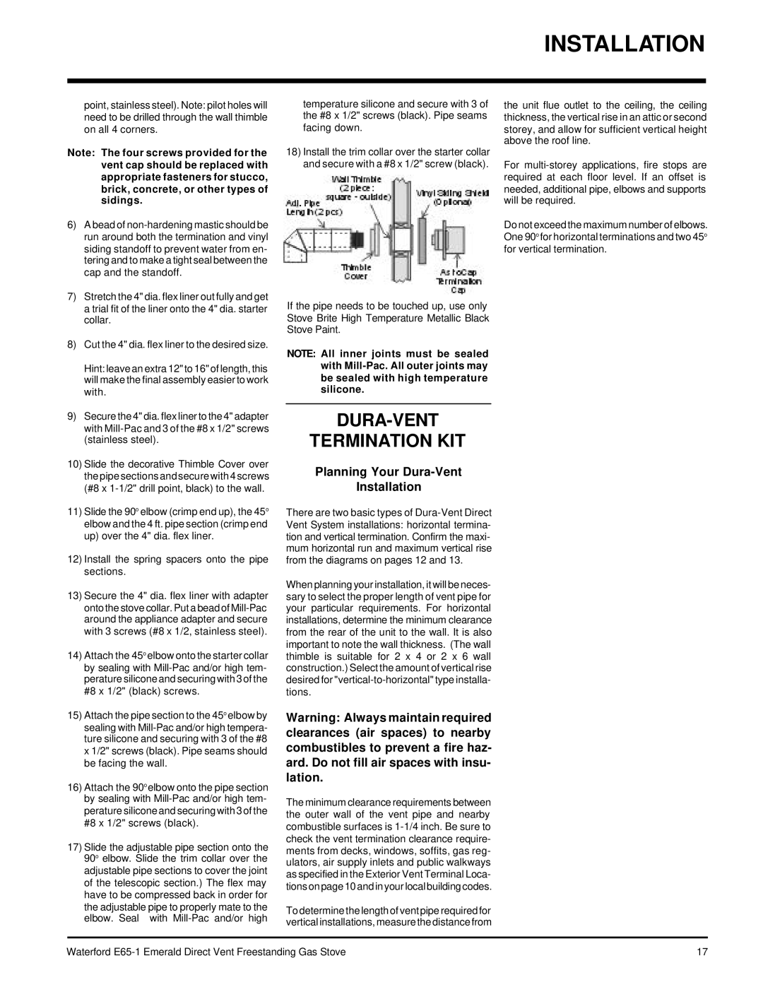 Waterford Appliances E65-LP1, E65-NG1 installation manual DURA-VENT Termination KIT, Planning Your Dura-Vent Installation 