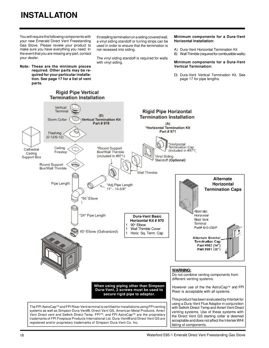 Waterford Appliances E65-NG1, E65-LP1 Alternate Horizontal Termination Caps, Dura-Vent Basic Horizontal Kit # 