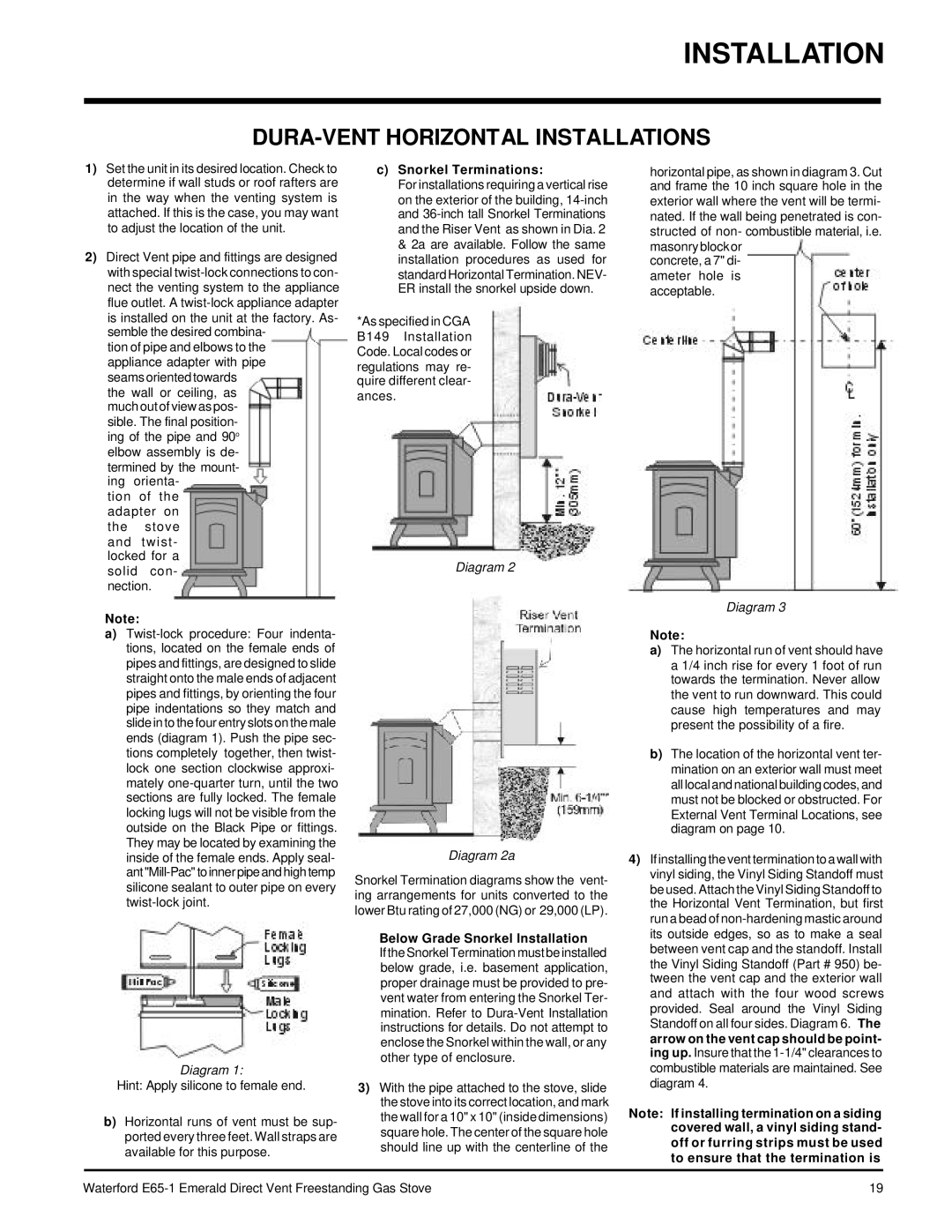 Waterford Appliances E65-LP1 DURA-VENT Horizontal Installations, Snorkel Terminations, Below Grade Snorkel Installation 