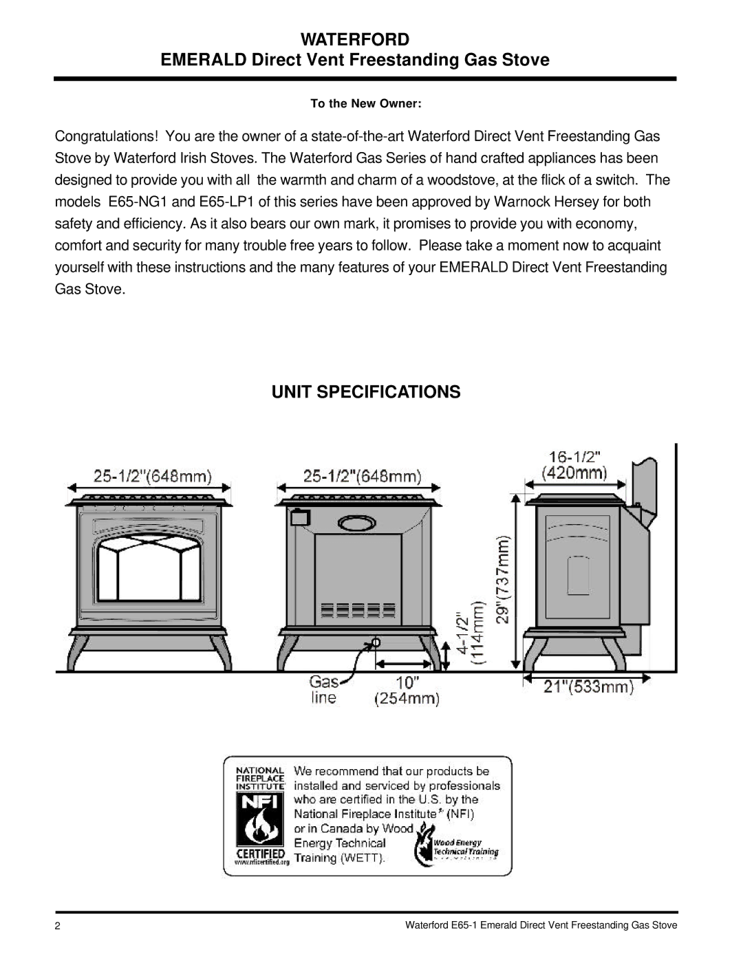 Waterford Appliances E65-NG1, E65-LP1 installation manual Waterford, Unit Specifications, To the New Owner 