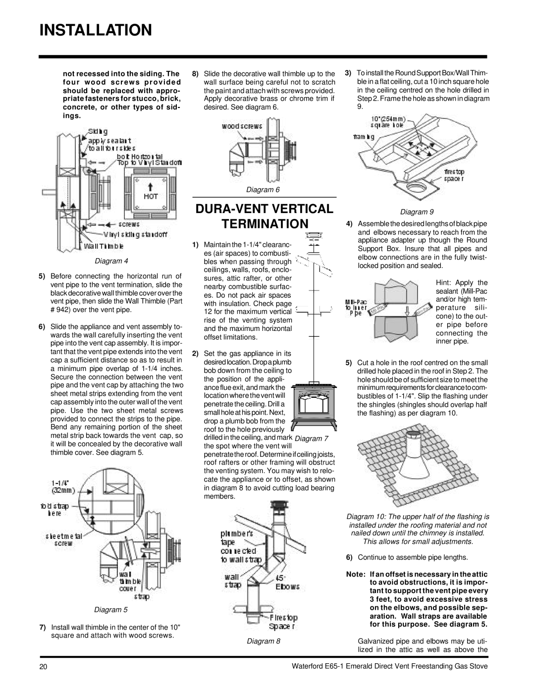 Waterford Appliances E65-NG1, E65-LP1 installation manual DURA-VENT Vertical Termination, # 942 over the vent pipe 