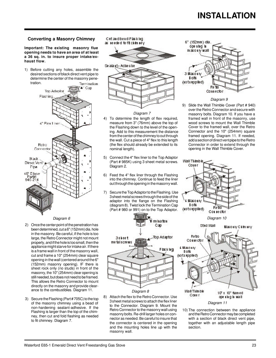 Waterford Appliances E65-LP1, E65-NG1 installation manual Converting a Masonry Chimney 