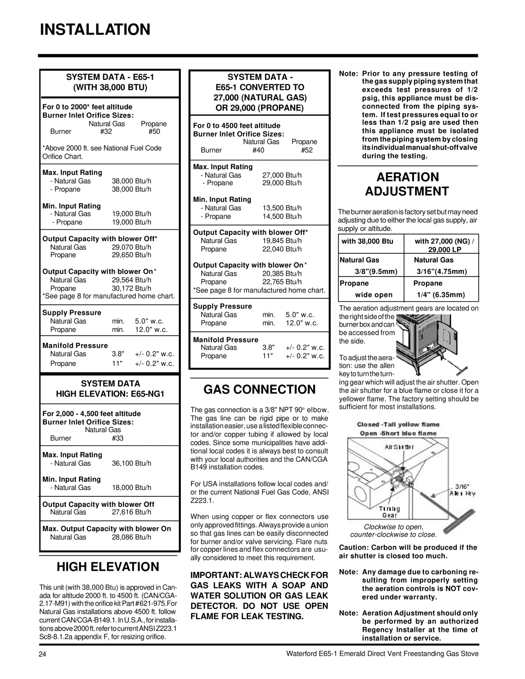 Waterford Appliances E65-NG1, E65-LP1 High Elevation, GAS Connection, Aeration Adjustment, With 38,000 BTU 