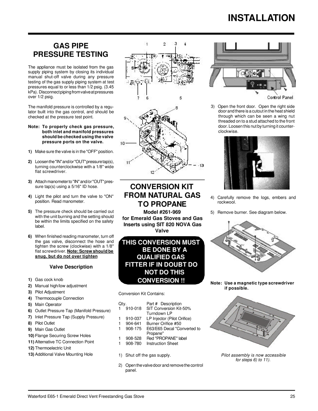 Waterford Appliances E65-LP1 GAS Pipe Pressure Testing, Conversion KIT from Natural GAS to Propane, Valve Description 