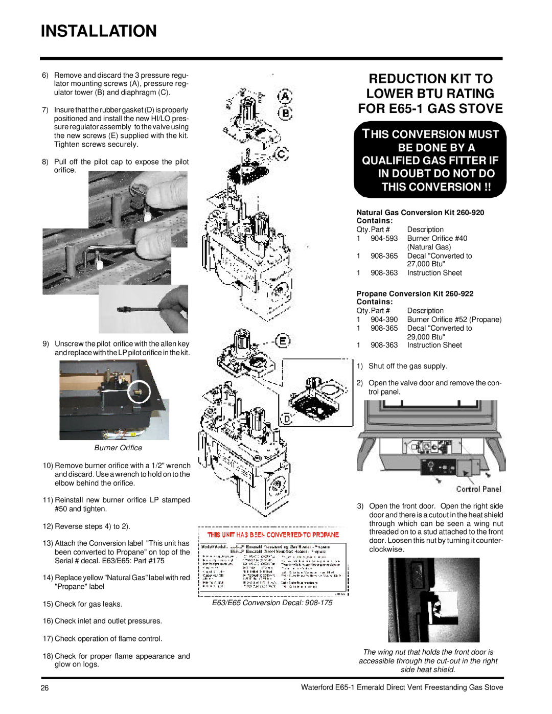 Waterford Appliances E65-NG1, E65-LP1 installation manual Reduction KIT to Lower BTU Rating for E65-1 GAS Stove 