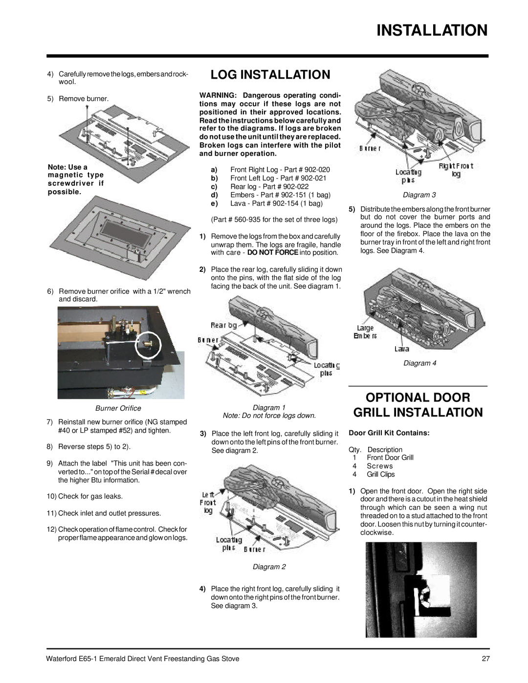 Waterford Appliances E65-LP1, E65-NG1 LOG Installation, Optional Door Grill Installation, Door Grill Kit Contains 