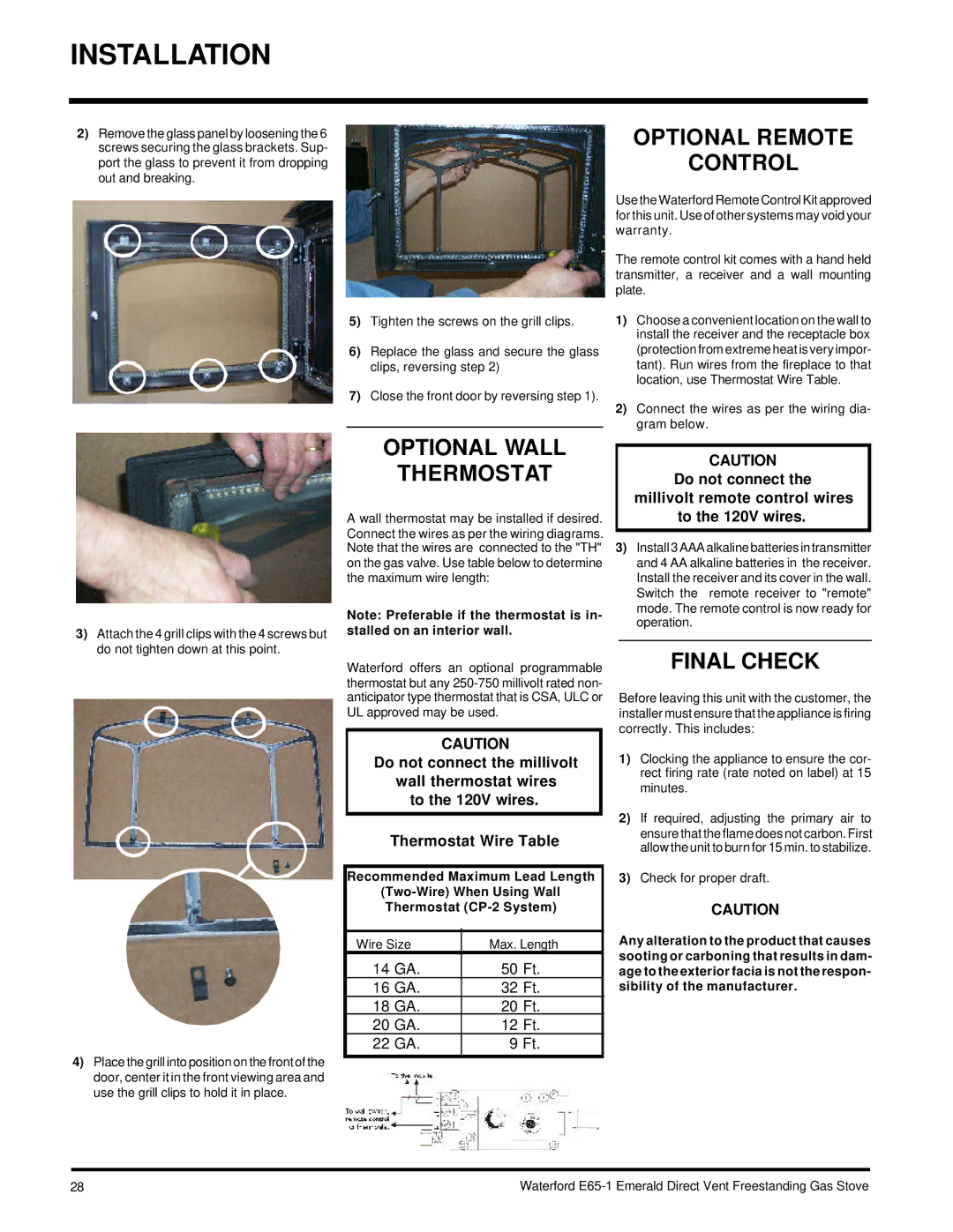 Waterford Appliances E65-NG1, E65-LP1 installation manual Optional Remote Control, Optional Wall Thermostat, Final Check 