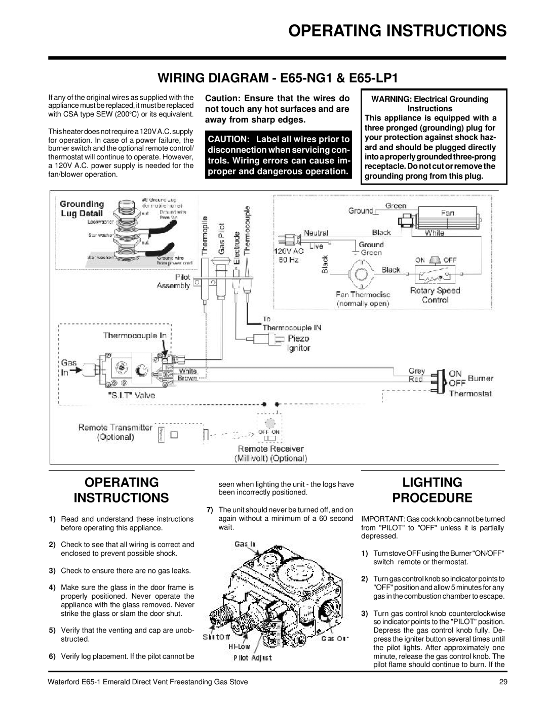 Waterford Appliances installation manual Operating Instructions, Wiring Diagram E65-NG1 & E65-LP1, Lighting Procedure 