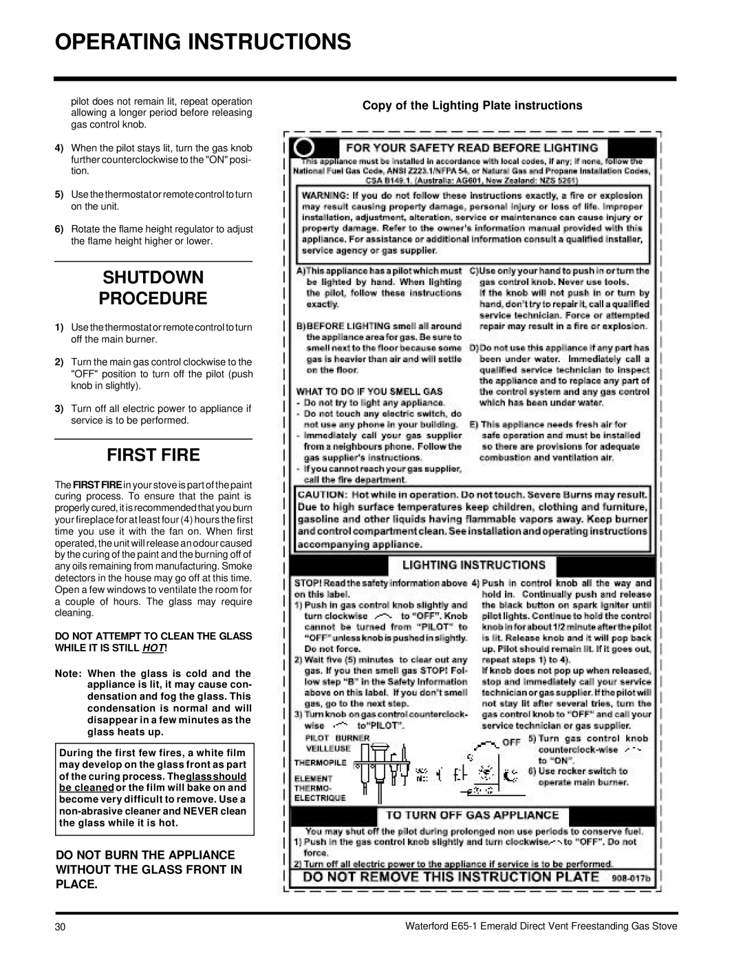 Waterford Appliances E65-NG1, E65-LP1 Shutdown Procedure, First Fire, Copy of the Lighting Plate instructions 