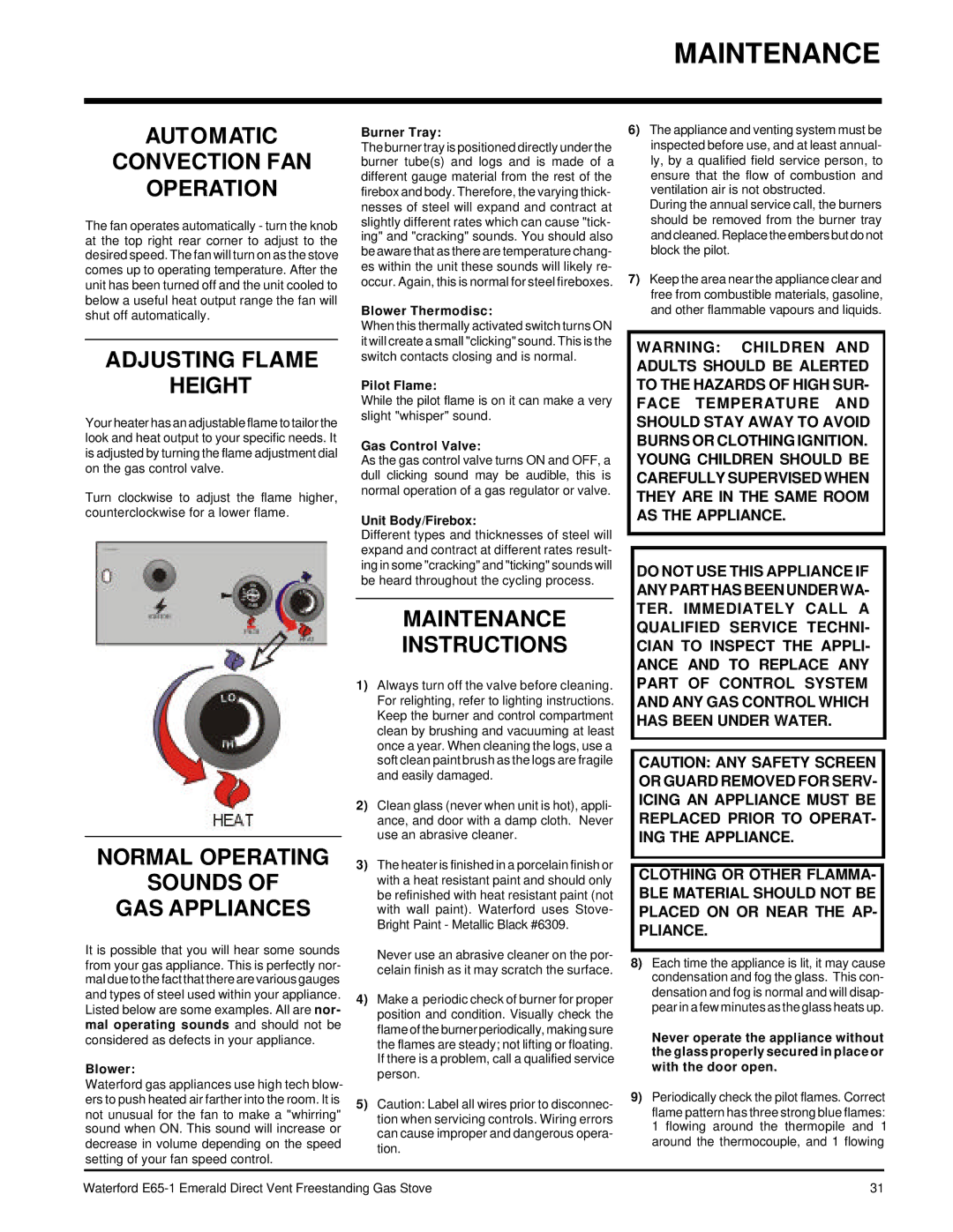 Waterford Appliances E65-LP1, E65-NG1 Maintenance, Automatic Convection FAN Operation, Adjusting Flame Height 