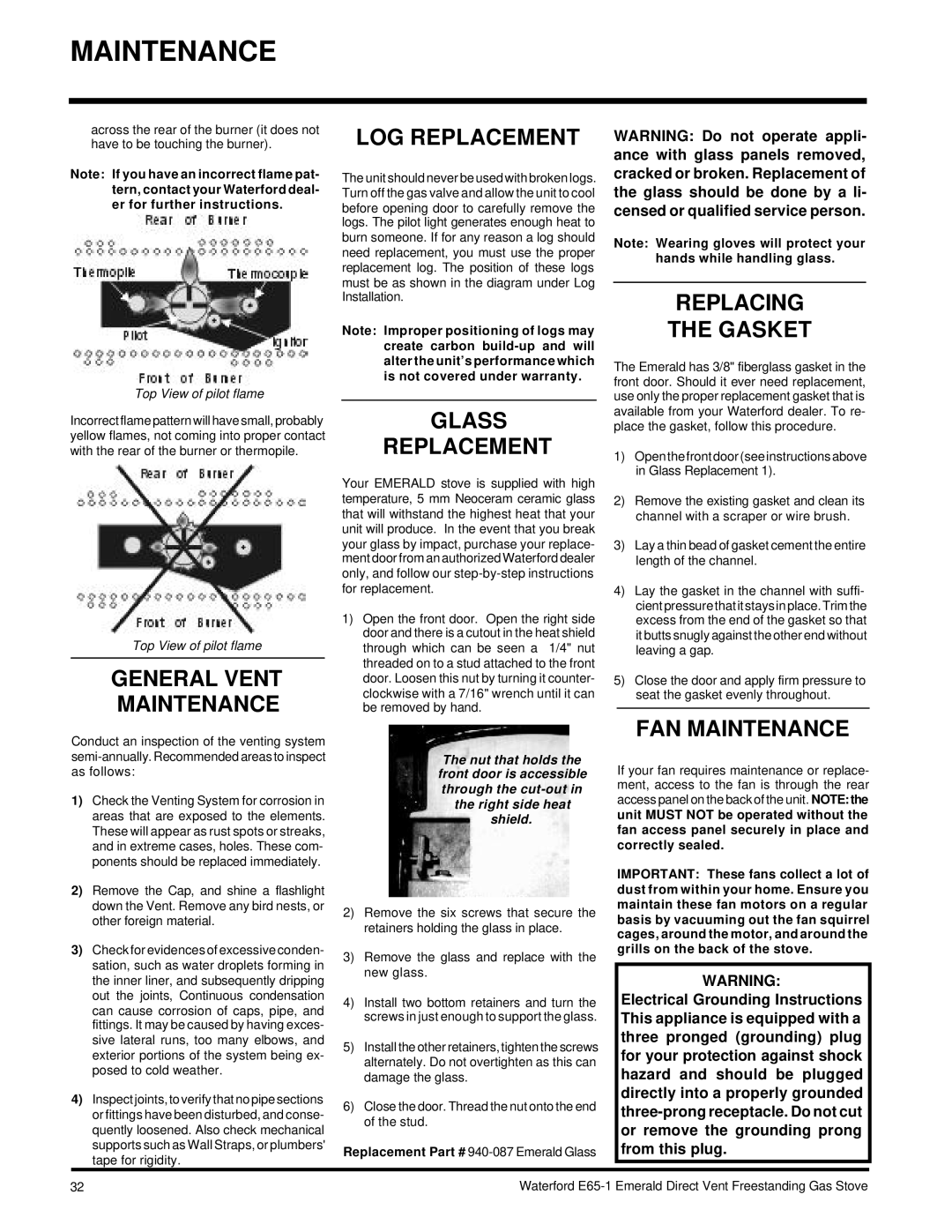 Waterford Appliances E65-NG1, E65-LP1 General Vent Maintenance, LOG Replacement, Glass Replacement, Replacing Gasket 